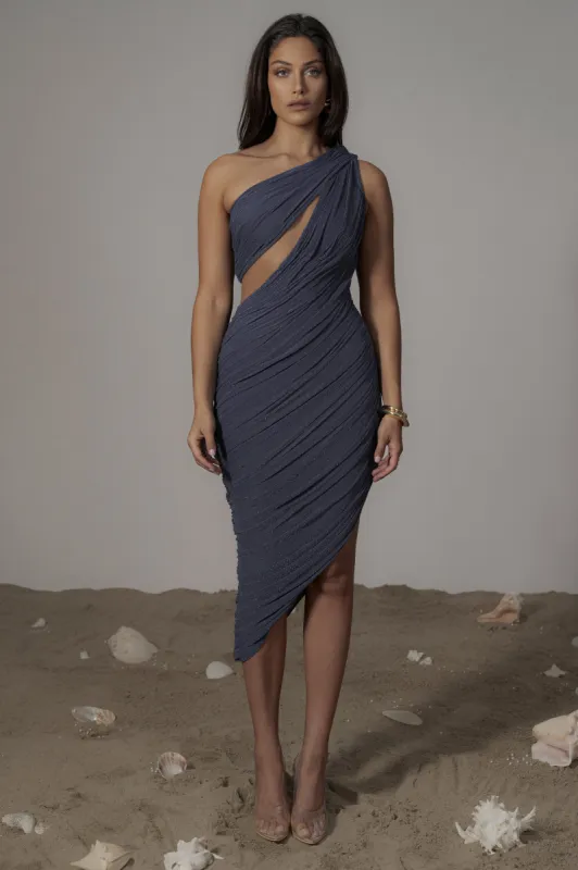 Midnight Blue Aura Shimmer Midi Dress sold by JLUXLABEL