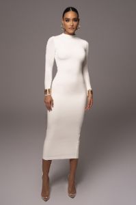 Ivory Lucia Mock Neck Midi Dress sold by JLUXLABEL