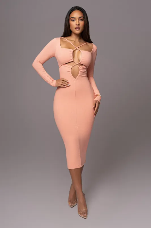 Peach Mesmerize Midi Dress sold by JLUXLABEL
