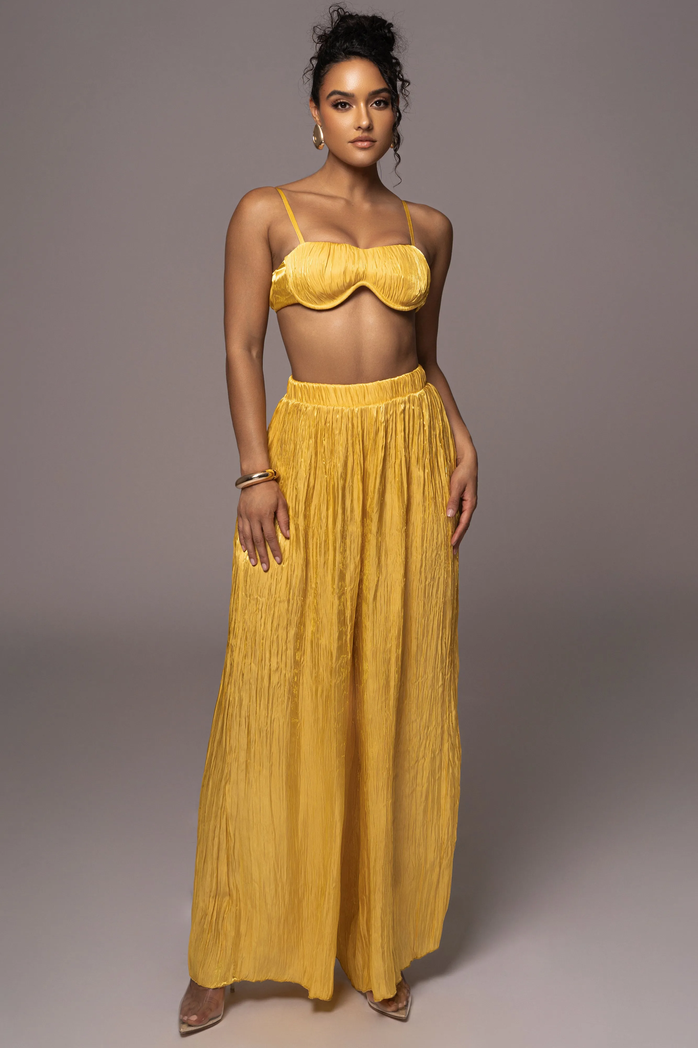 Yellow Let's Get Away Satin Pant Set sold by JLUXLABEL