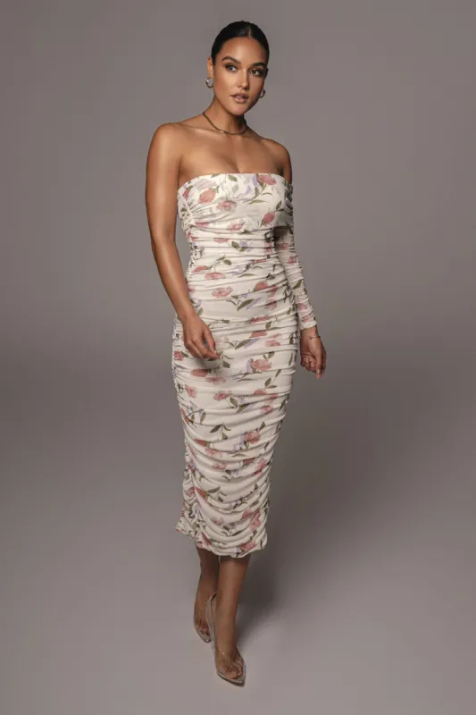 Ivory Floral Ruched Dress sold by JLUXLABEL