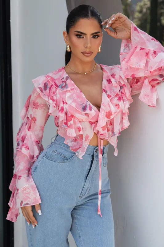Pink Floral Yvanna Ruffle Top sold by JLUXLABEL