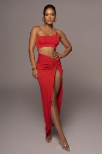 Red Here To Stay Slinky Skirt Set sold by JLUXLABEL