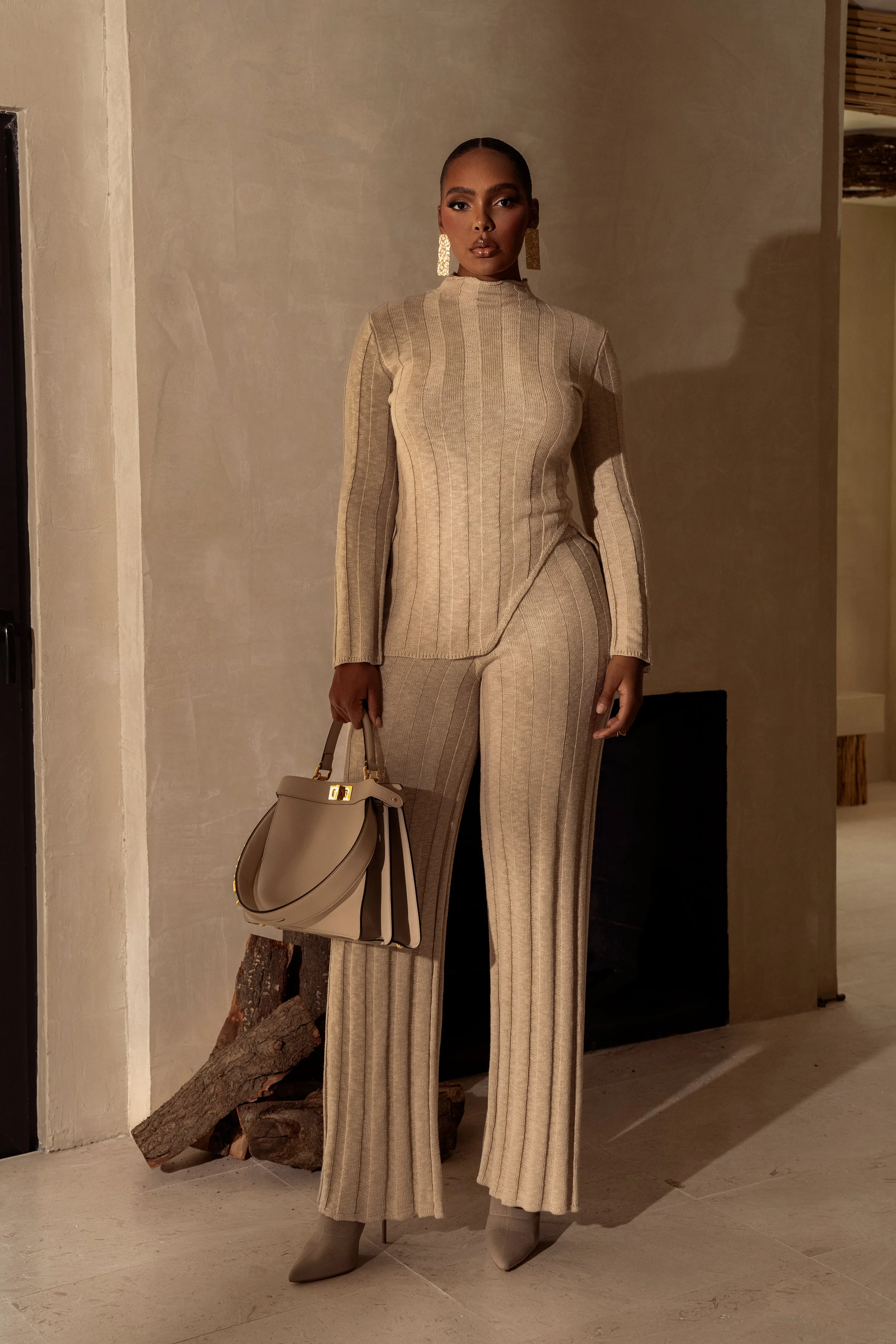 Beige Take A Chance Ribbed Pant Set sold by JLUXLABEL