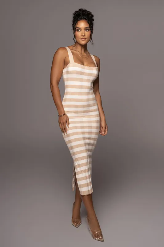 Beige Stripe Not Too Far Midi Dress sold by JLUXLABEL