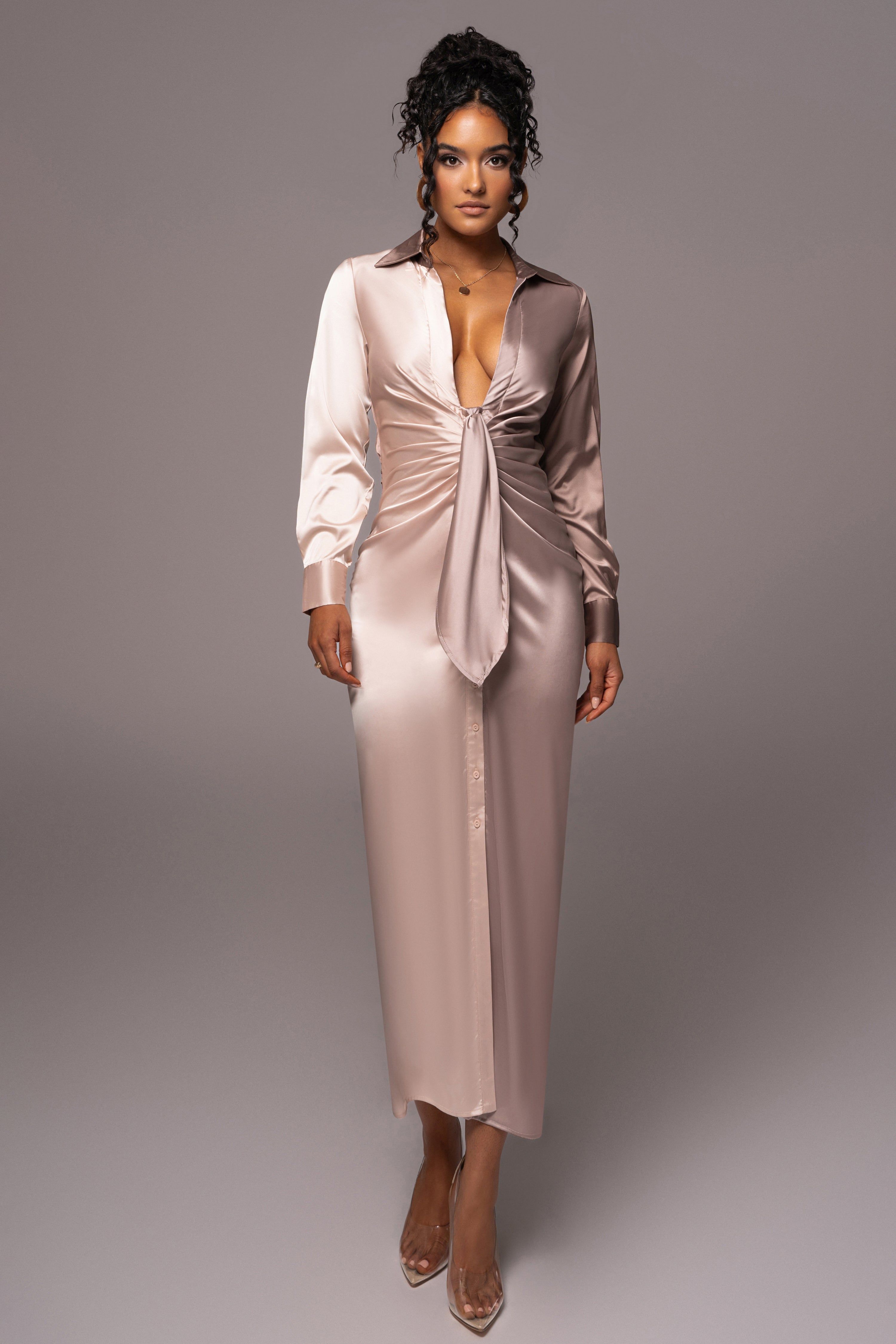 Taupe Color Block Satin Midi Dress sold by JLUXLABEL product image thumbnail 4