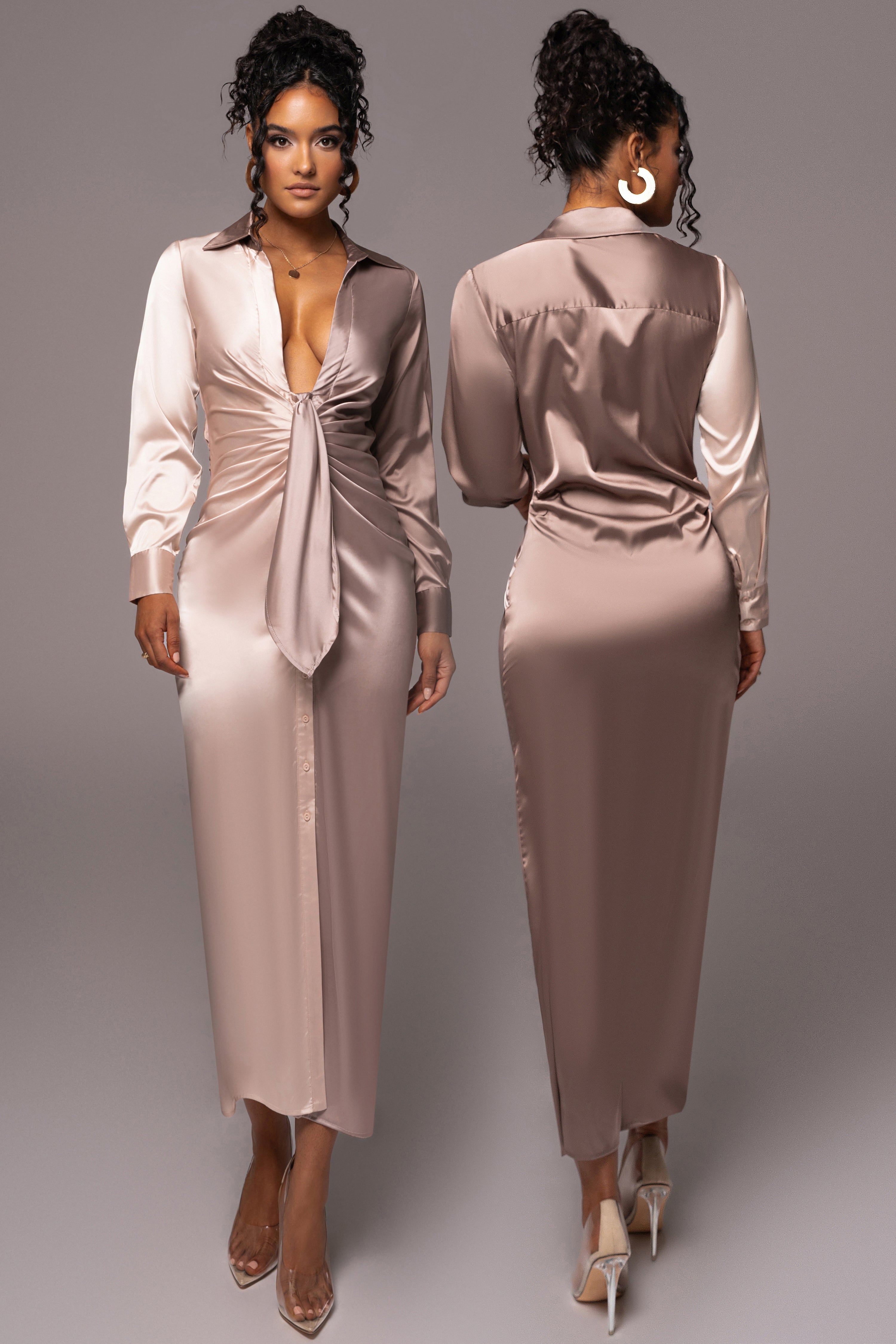 Taupe Color Block Satin Midi Dress sold by JLUXLABEL