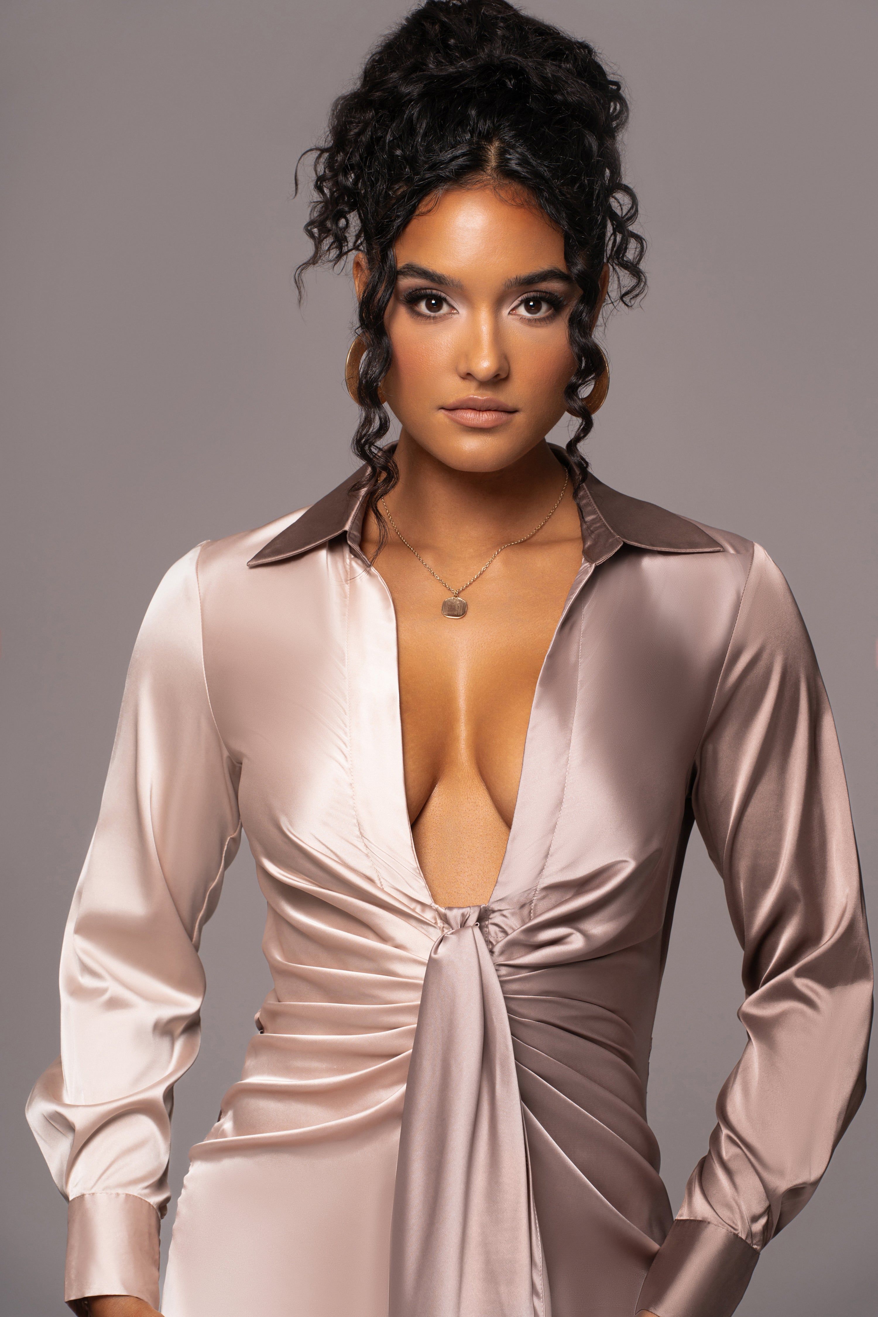 Taupe Color Block Satin Midi Dress sold by JLUXLABEL product image thumbnail 5