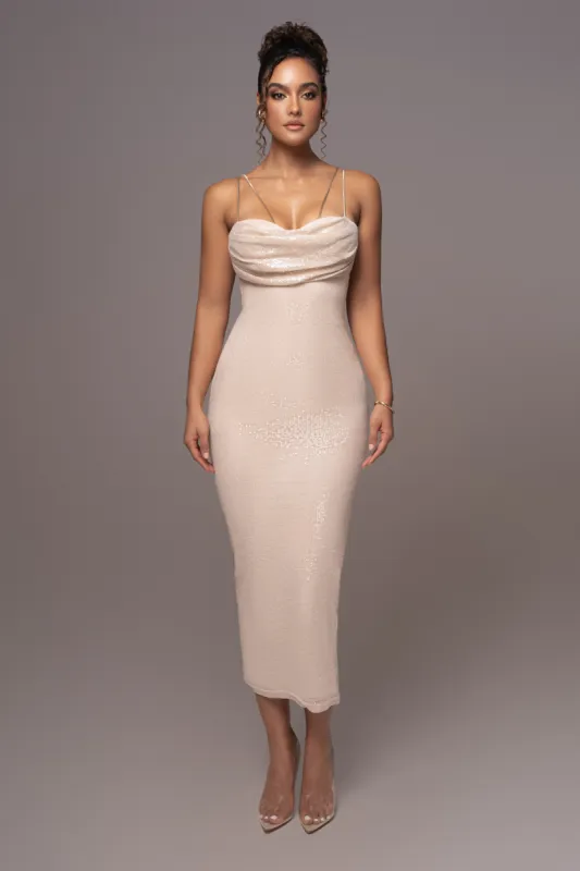 Beige Sequin Visions Of You Midi Dress sold by JLUXLABEL