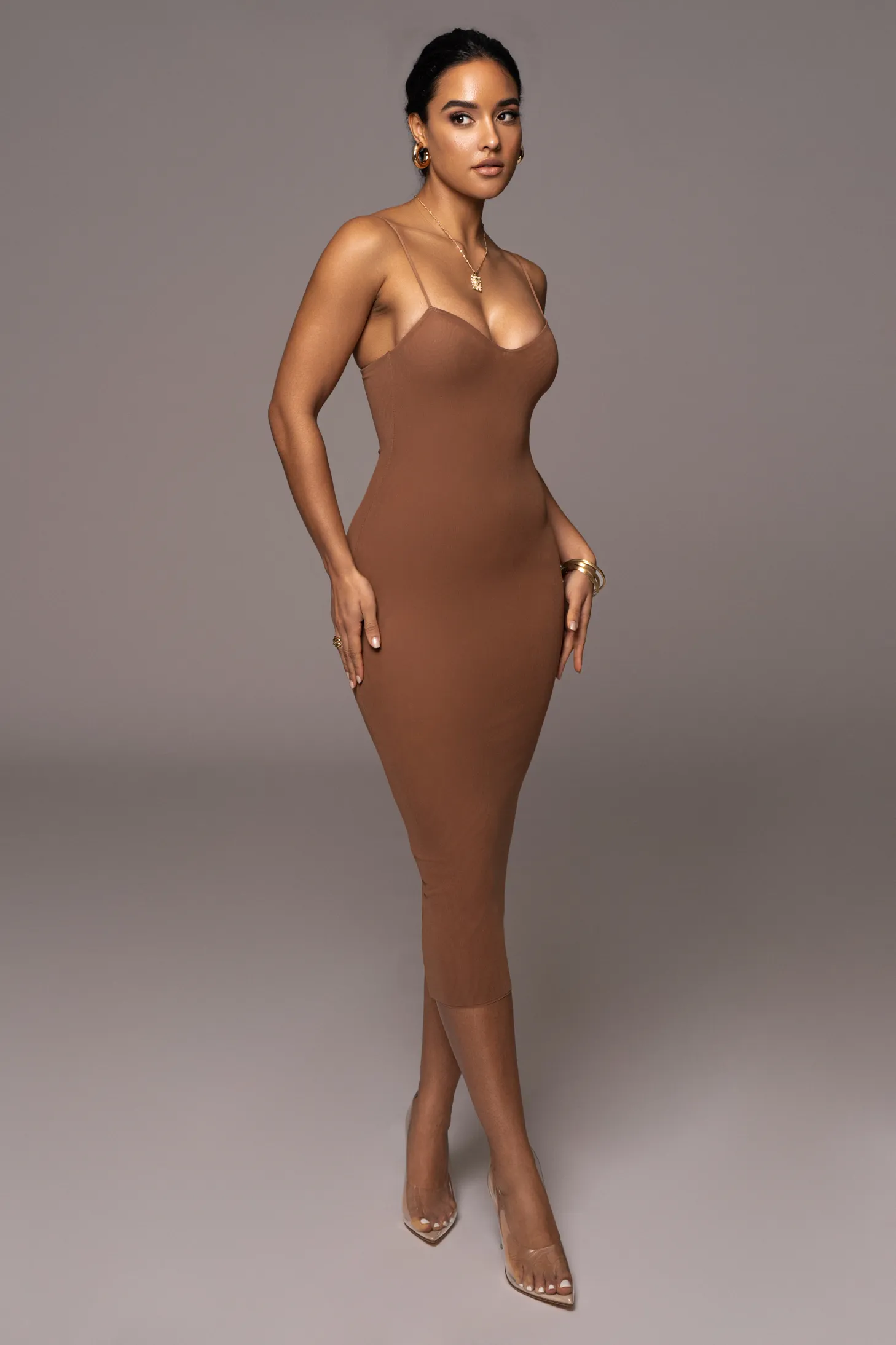 Pecan Rochelle Mesh Midi Dress sold by JLUXLABEL