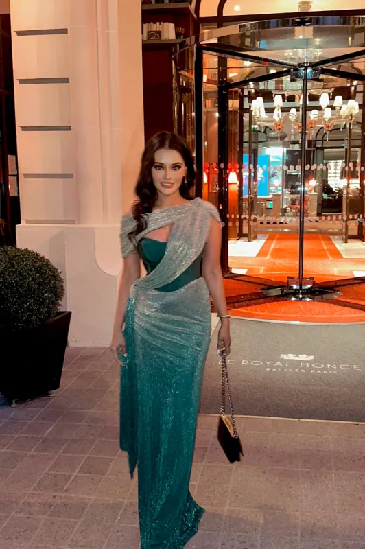 Green Celestina Draped Maxi Dress sold by JLUXLABEL