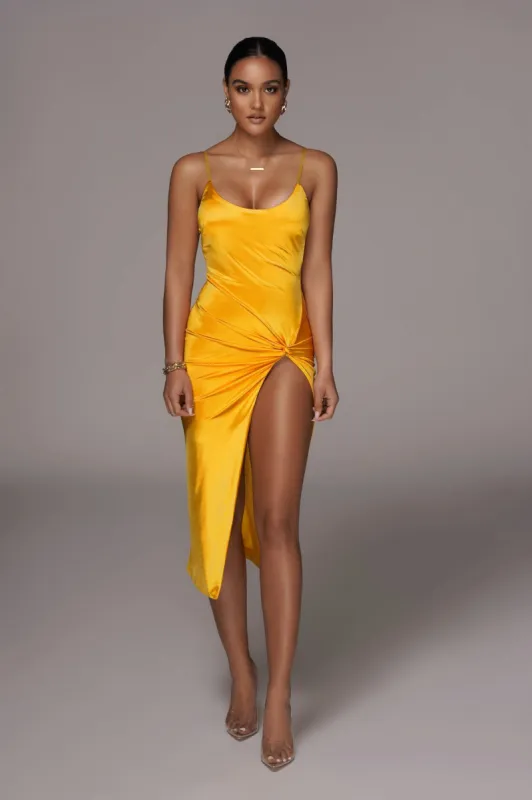 Yellow Aldis Satin Slit Dress made by JLUXLABEL