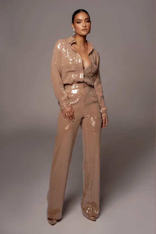 Tan Elowen Sequin Trousers sold by JLUXLABEL
