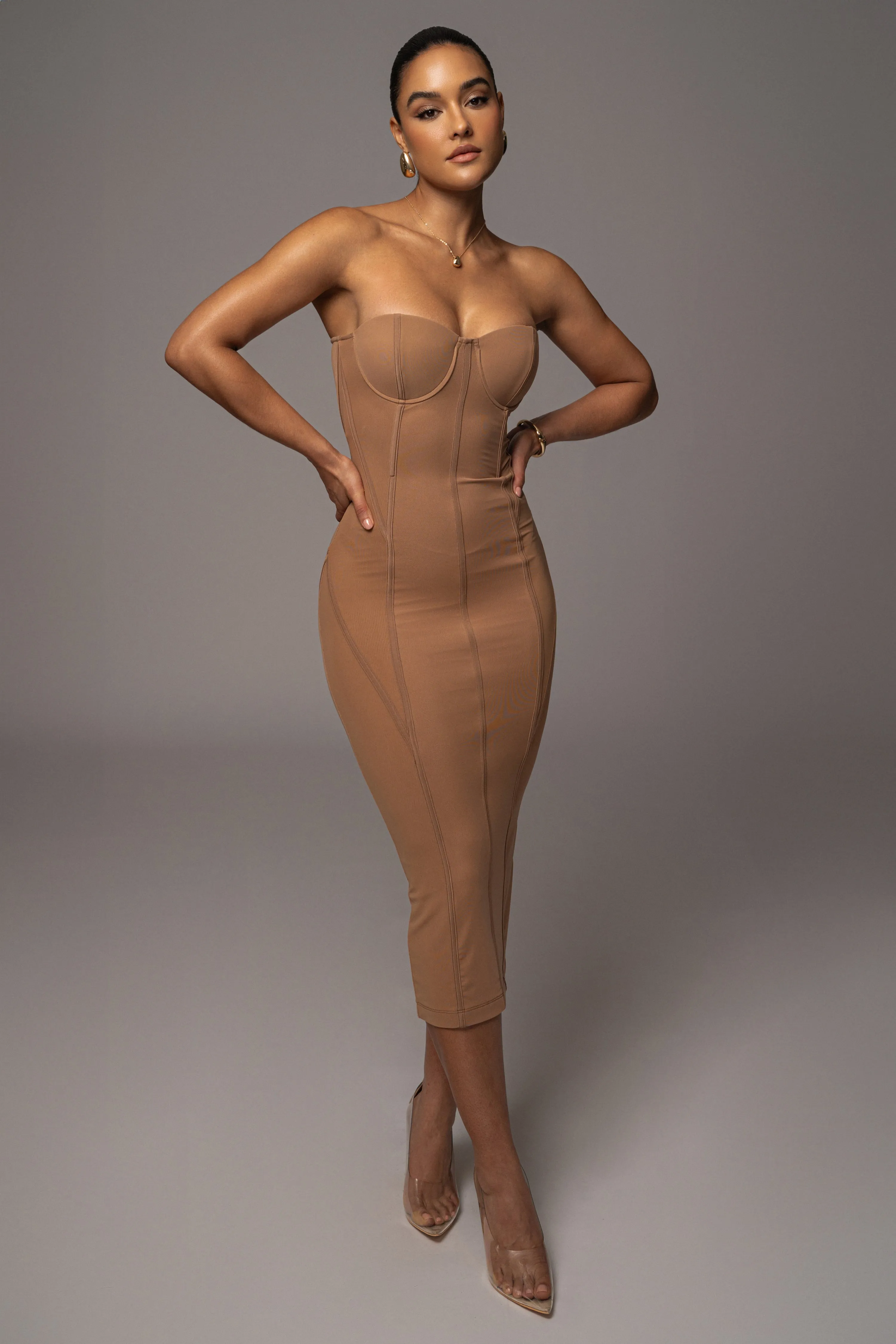 Tan Escape Mesh Midi Dress sold by JLUXLABEL