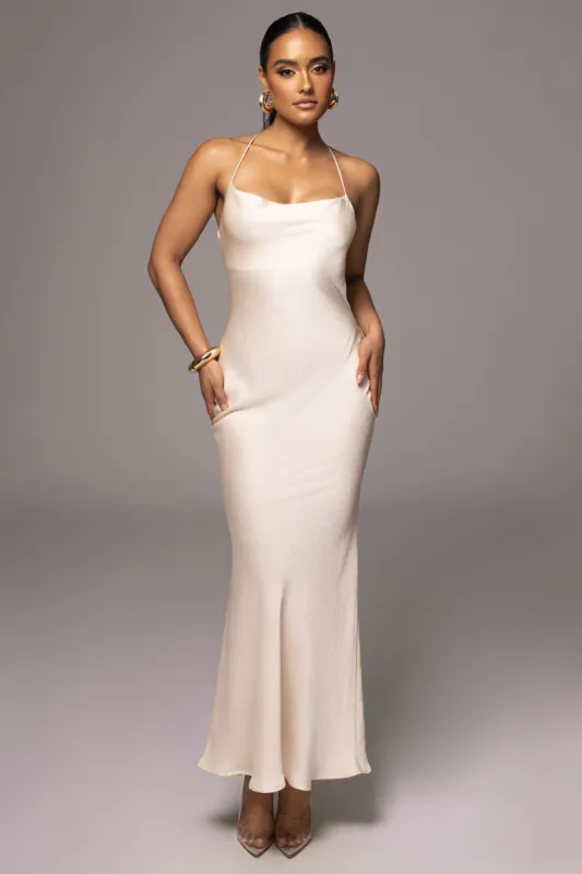 White Alessia Satin Maxi Dress sold by JLUXLABEL