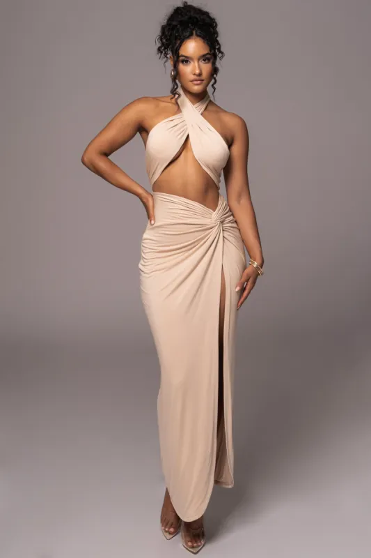 Tan Tamara Halter Midi Dress sold by JLUXLABEL