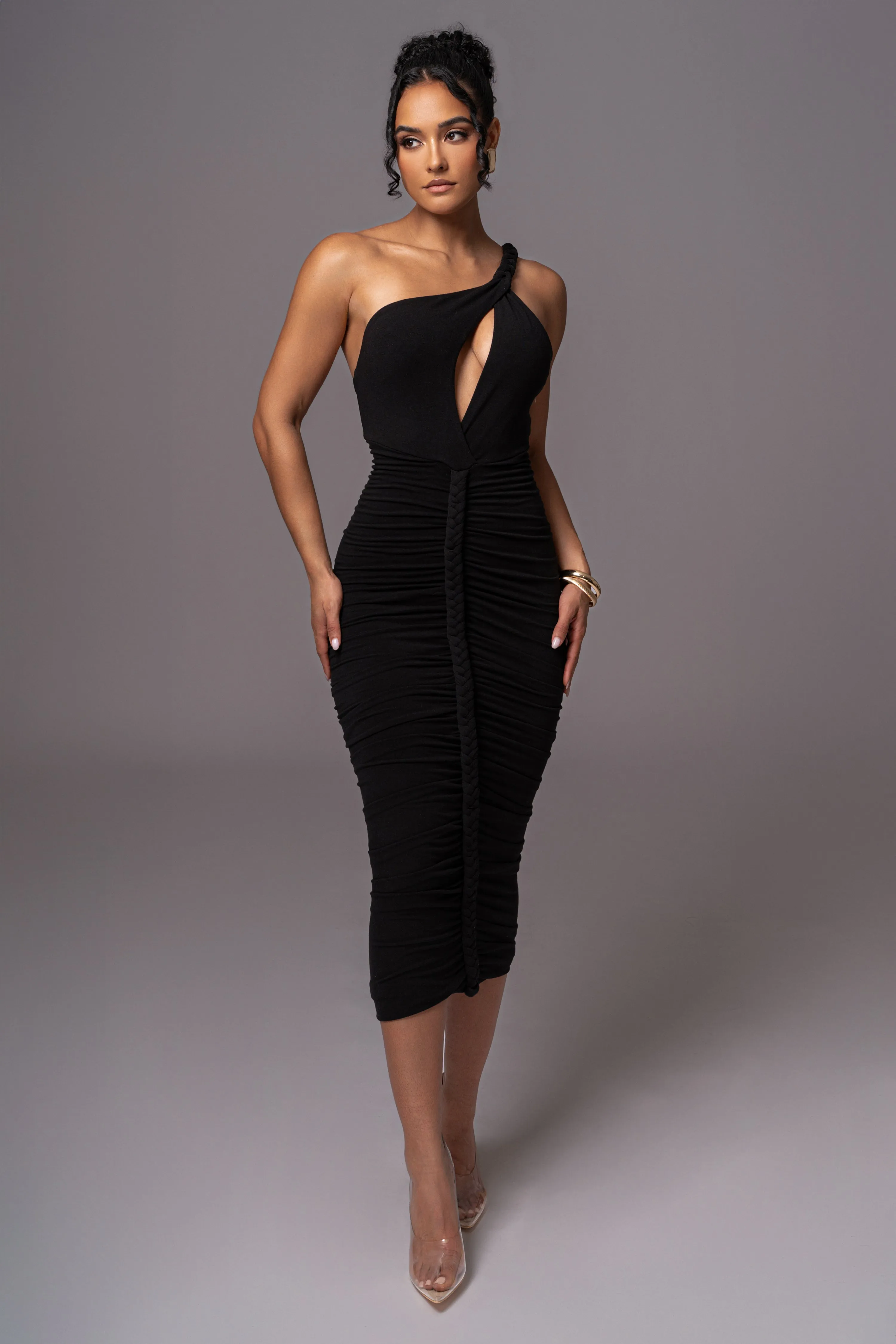 Black Jess Ruched Midi Dress sold by JLUXLABEL