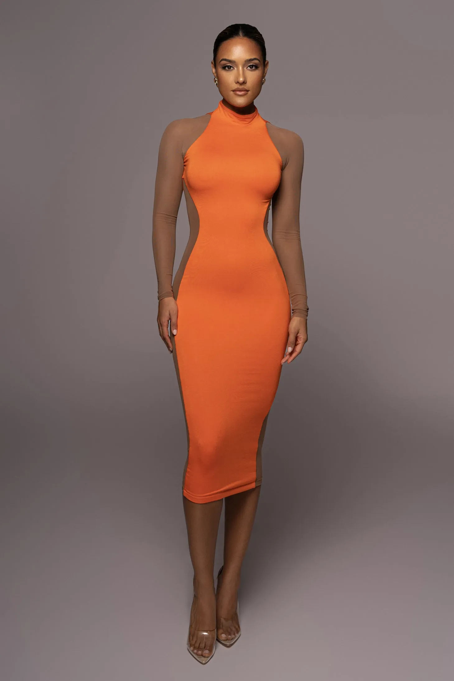 Tangerine Afterglow Midi Dress sold by JLUXLABEL