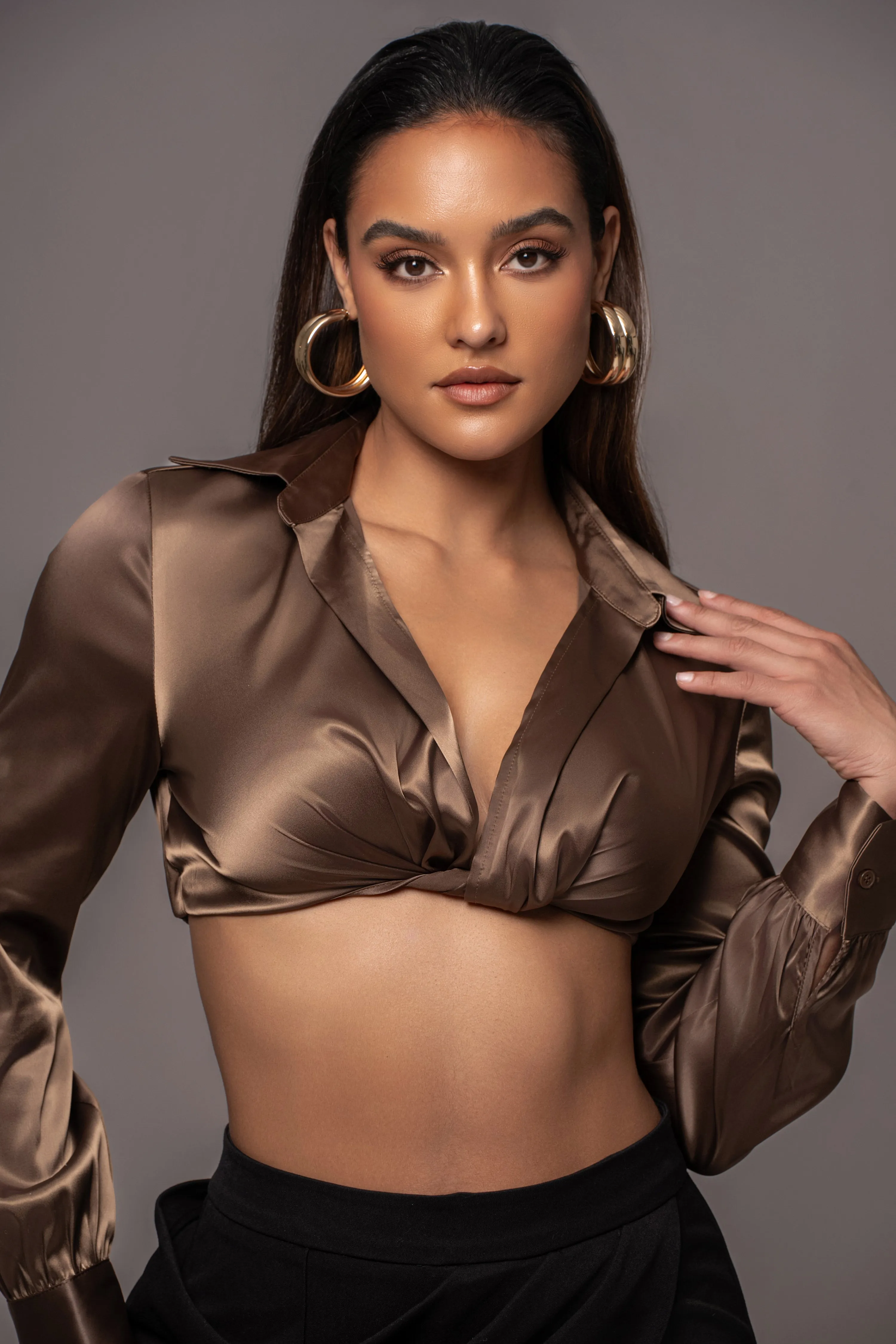 Olive Satin Twist Front Top sold by JLUXLABEL