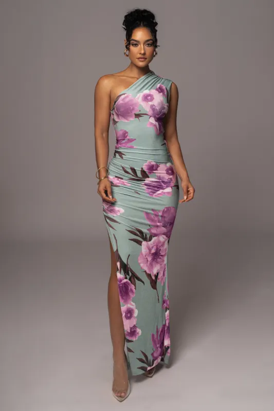 Sage Floral Eden One Shoulder Maxi Dress sold by JLUXLABEL