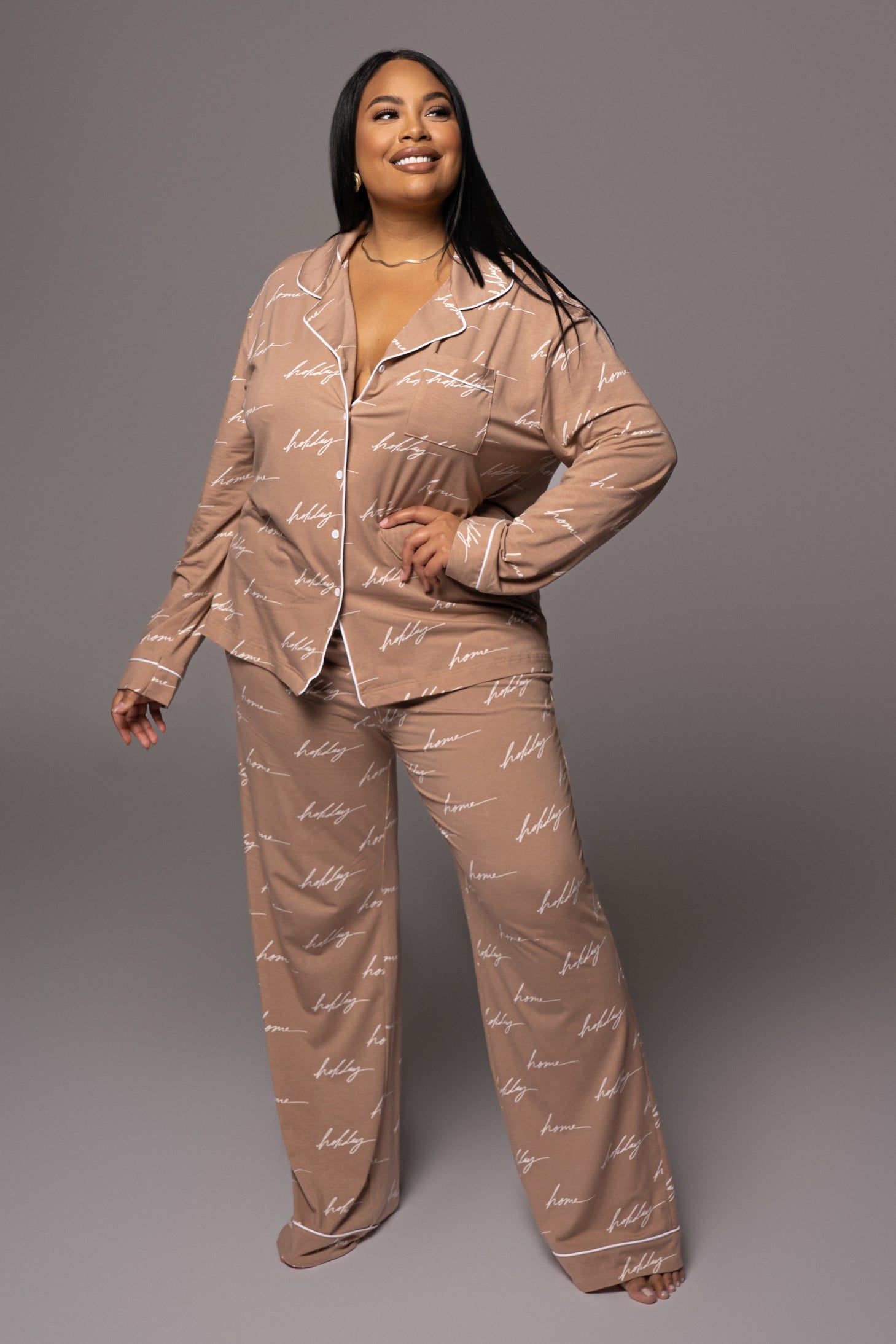 White/Tan Home For The Holiday Adult Pajama Set sold by JLUXLABEL product image thumbnail 4