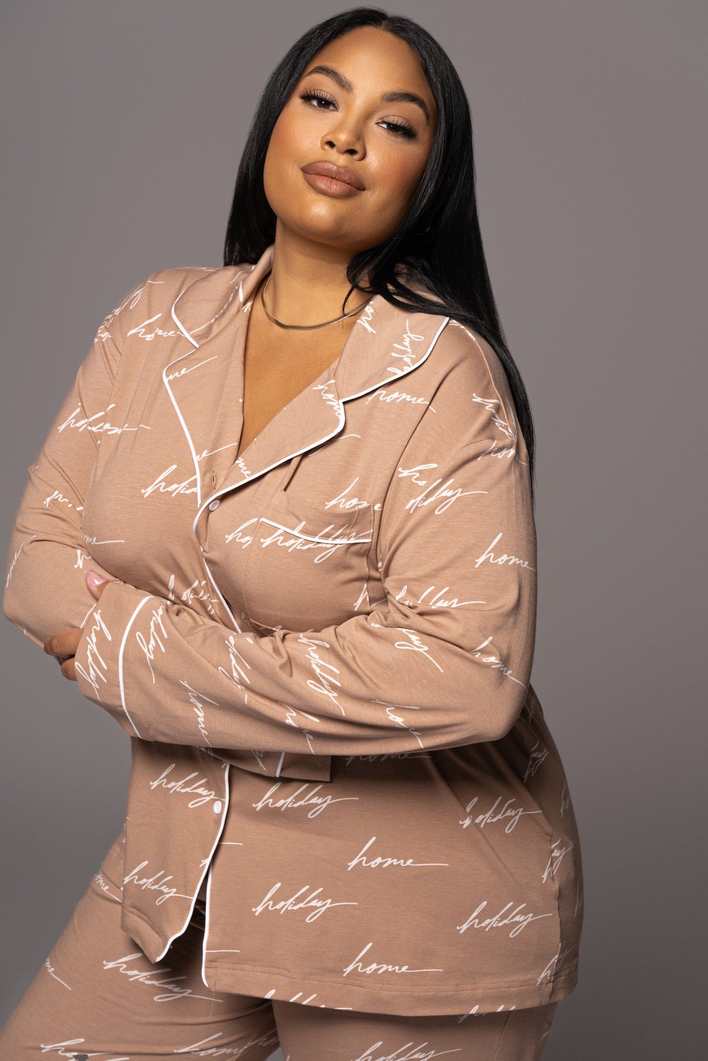 White/Tan Home For The Holiday Adult Pajama Set sold by JLUXLABEL product image thumbnail 5