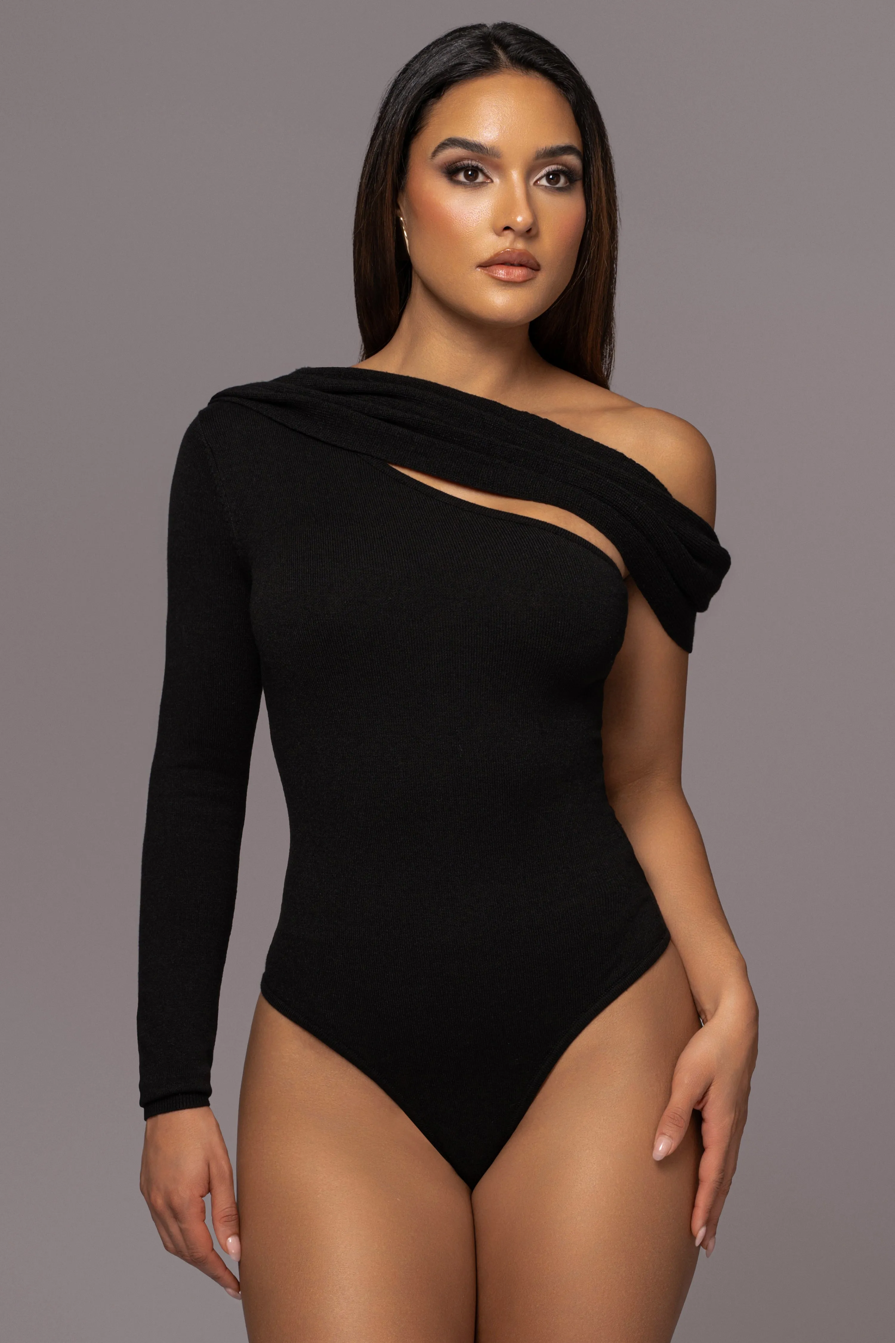Black Zoie Knit One Shoulder Bodysuit sold by JLUXLABEL