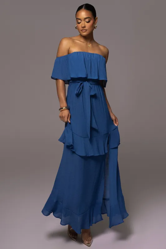 Blue Marsela Off-Shoulder Linen Maxi Dress sold by JLUXLABEL
