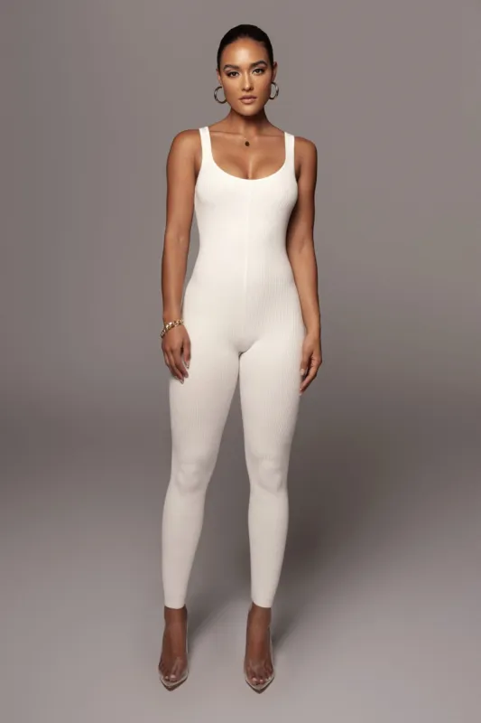 White Aria Solid Rib Jumpsuit sold by JLUXLABEL