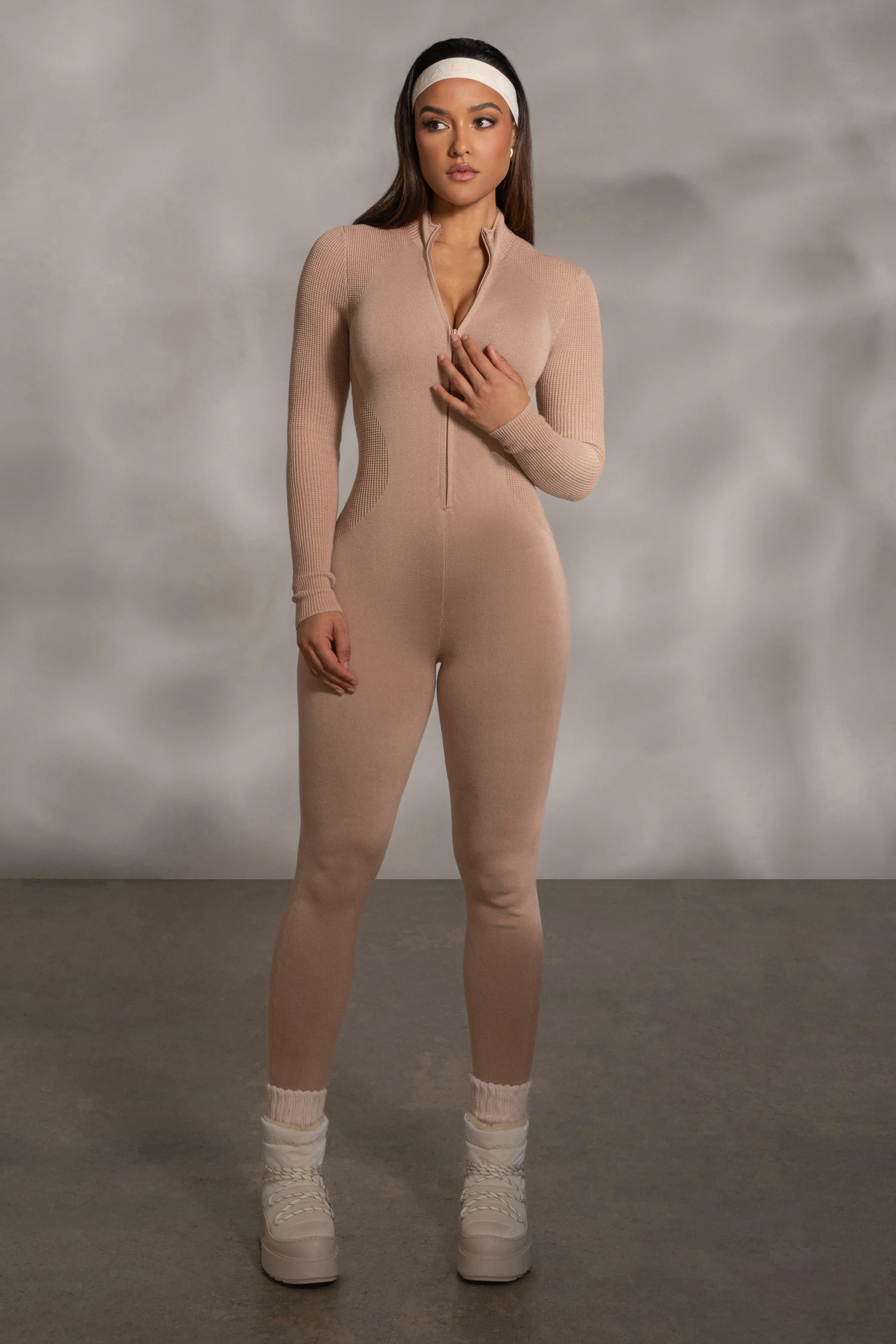 Beige Kris Front Zipper Jumpsuit sold by JLUXLABEL