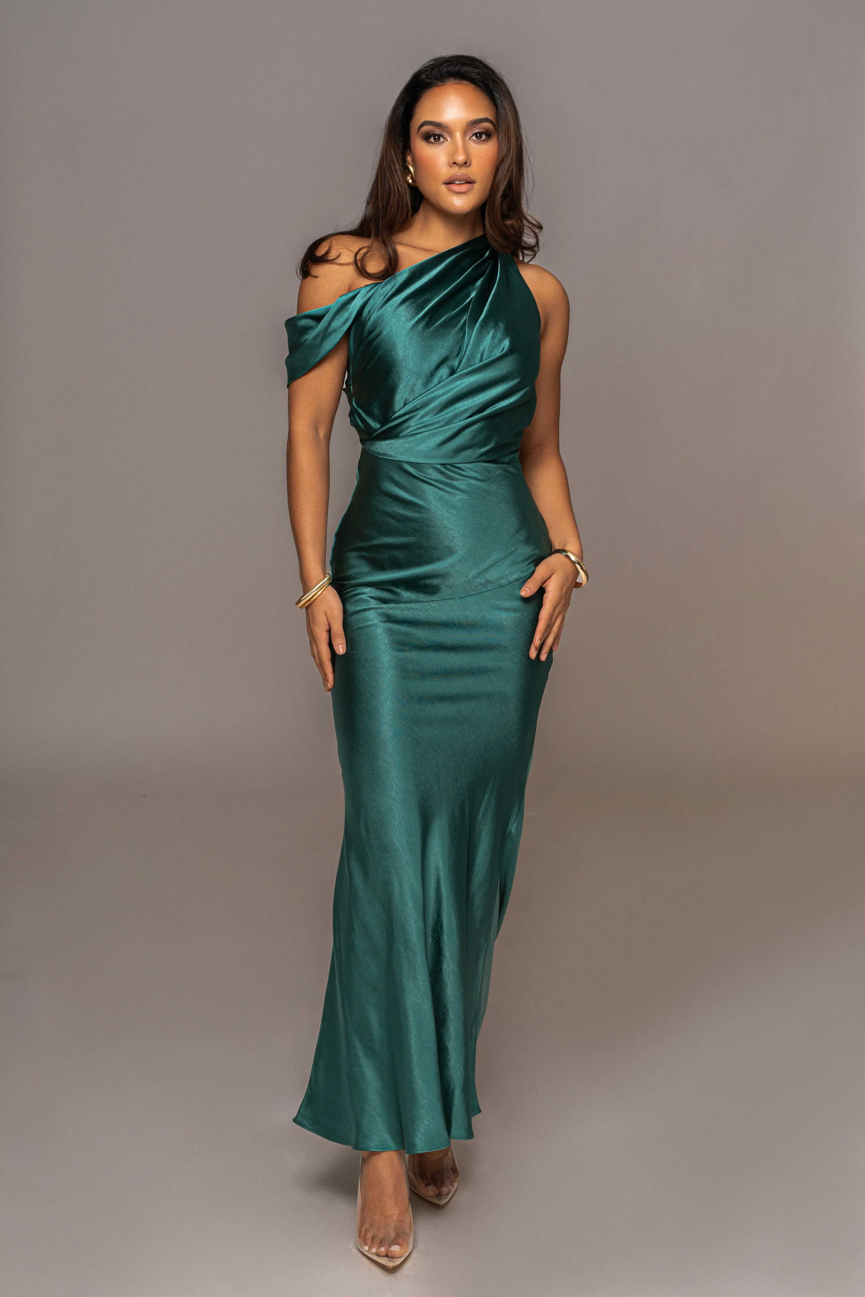 Emerald Dessa Satin Maxi Dress sold by JLUXLABEL