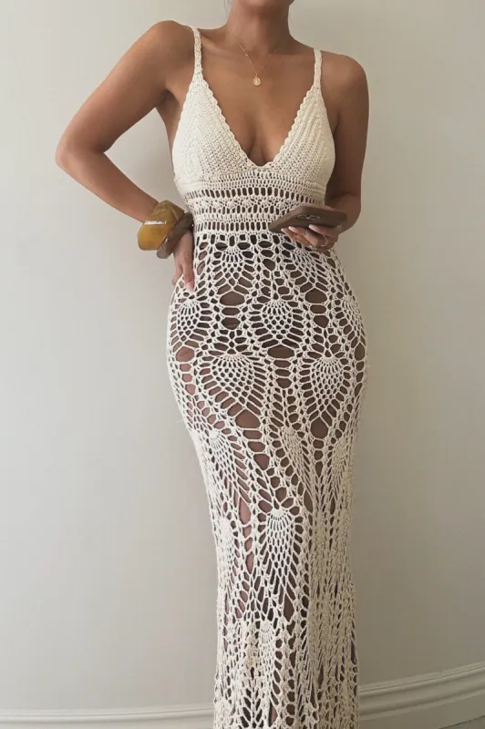 Ivory Great Escape Crochet Maxi Dress sold by JLUXLABEL