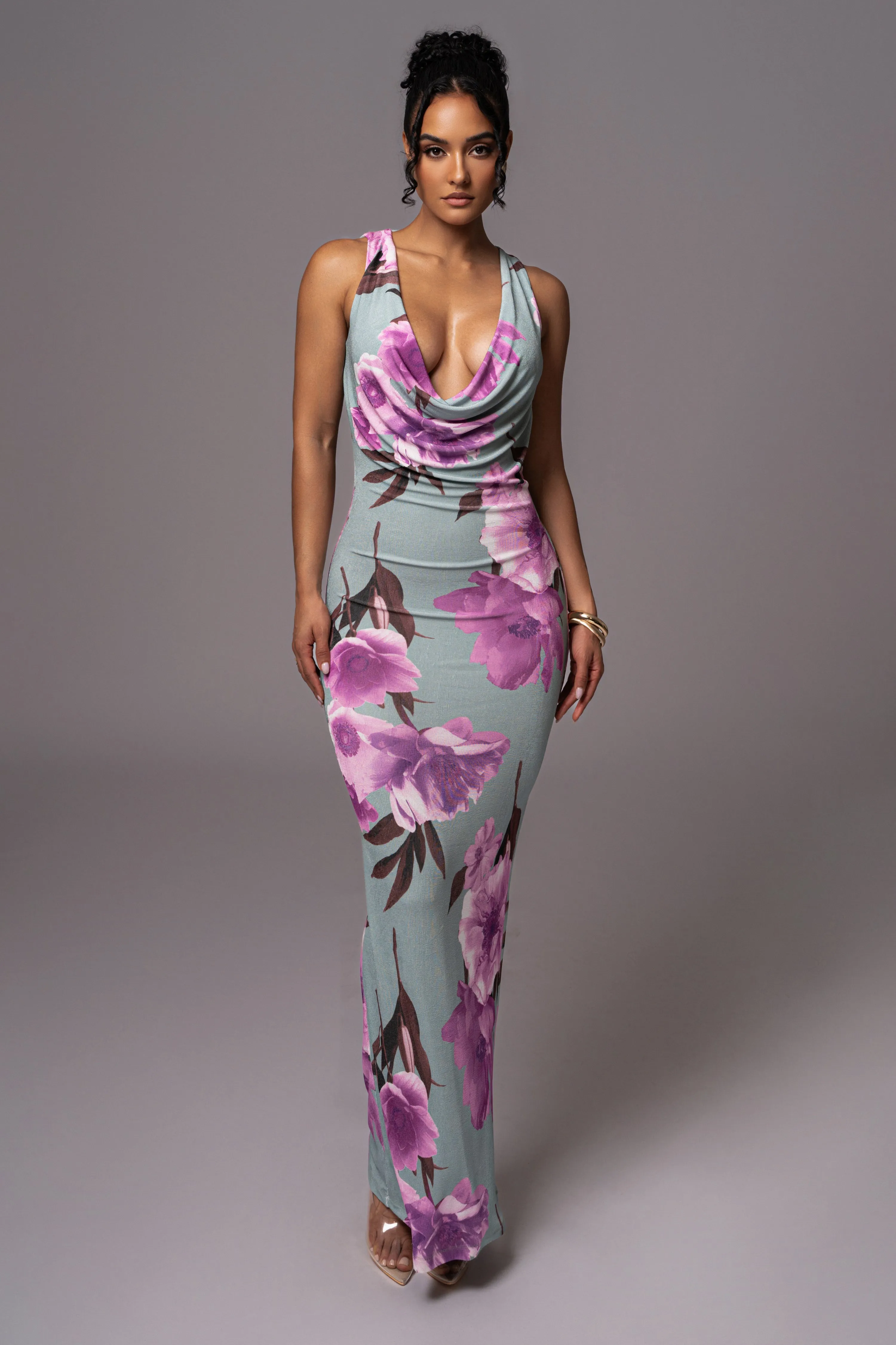 Sage Floral Slinky Highlights Cowl Neck Maxi Dress sold by JLUXLABEL product image thumbnail 4