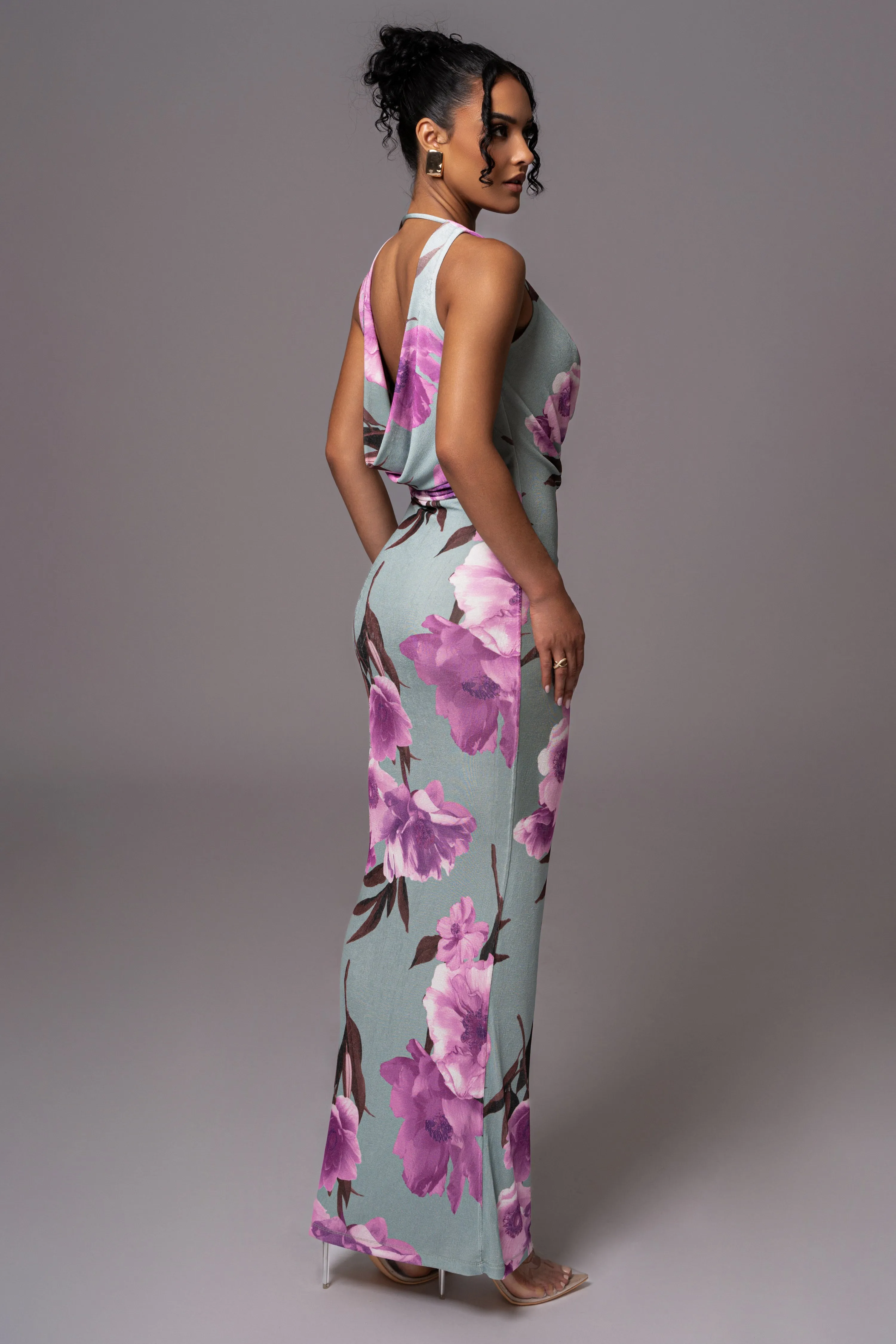 Sage Floral Slinky Highlights Cowl Neck Maxi Dress sold by JLUXLABEL product image thumbnail 3