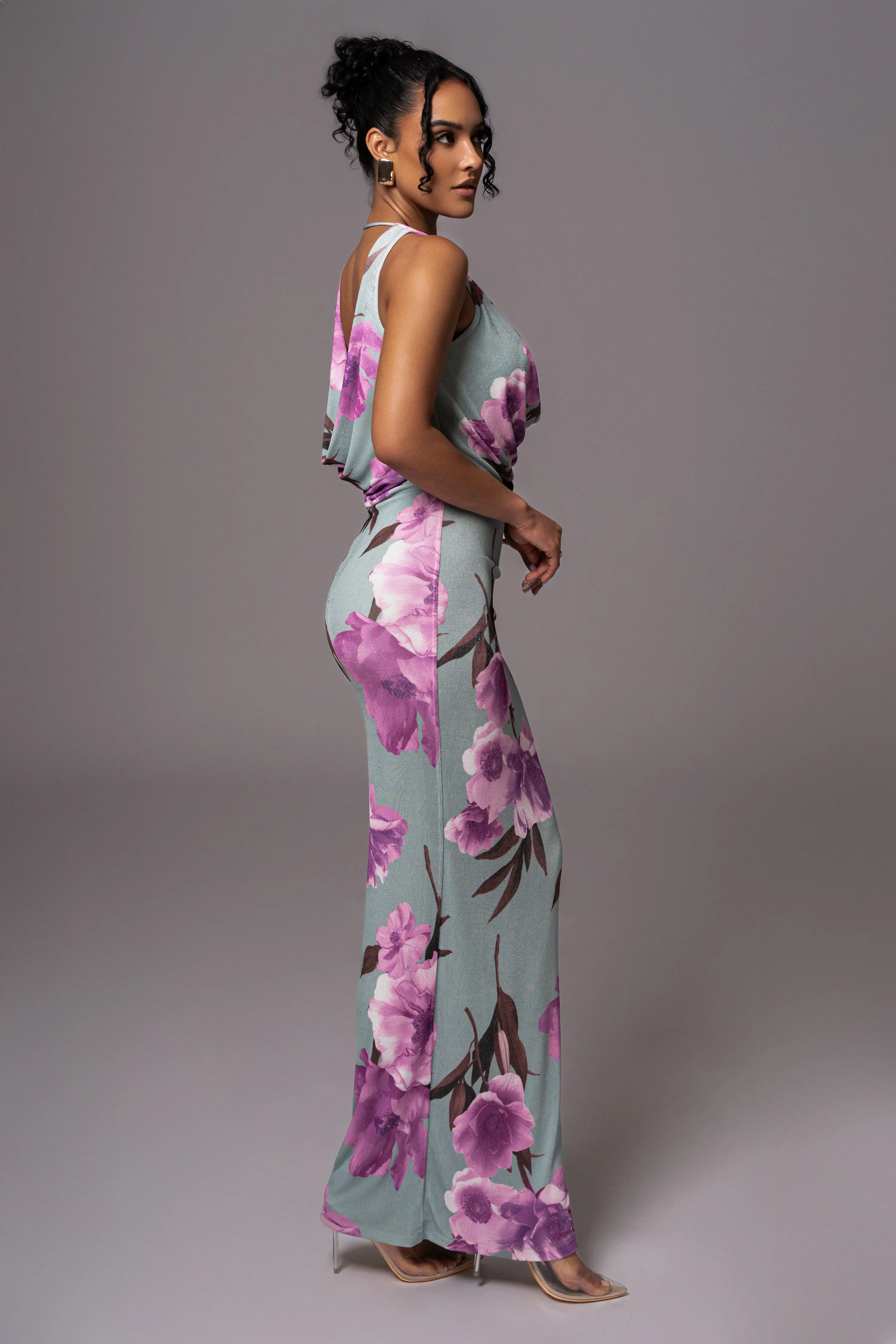 Sage Floral Slinky Highlights Cowl Neck Maxi Dress sold by JLUXLABEL product image thumbnail 5
