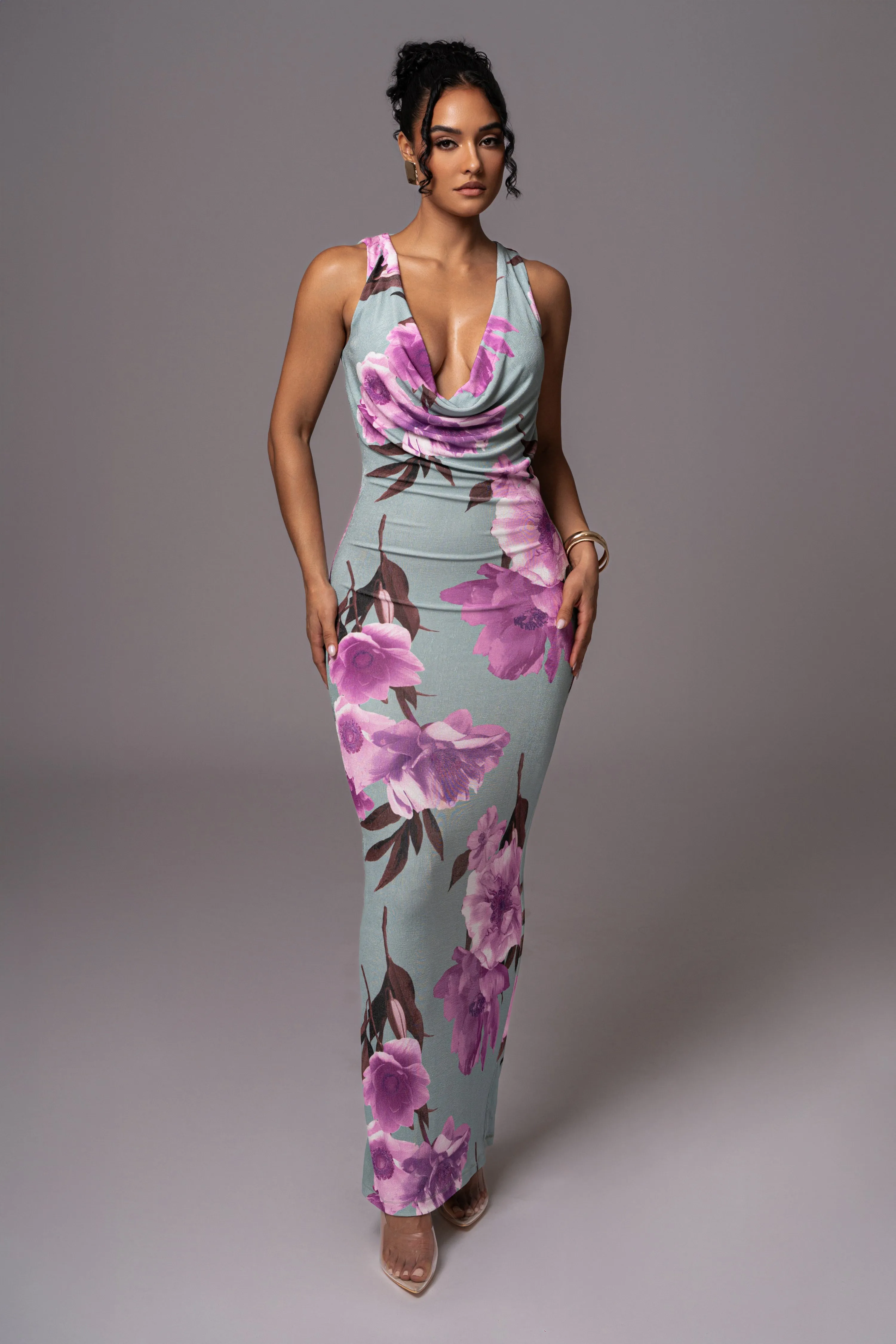 Sage Floral Slinky Highlights Cowl Neck Maxi Dress sold by JLUXLABEL