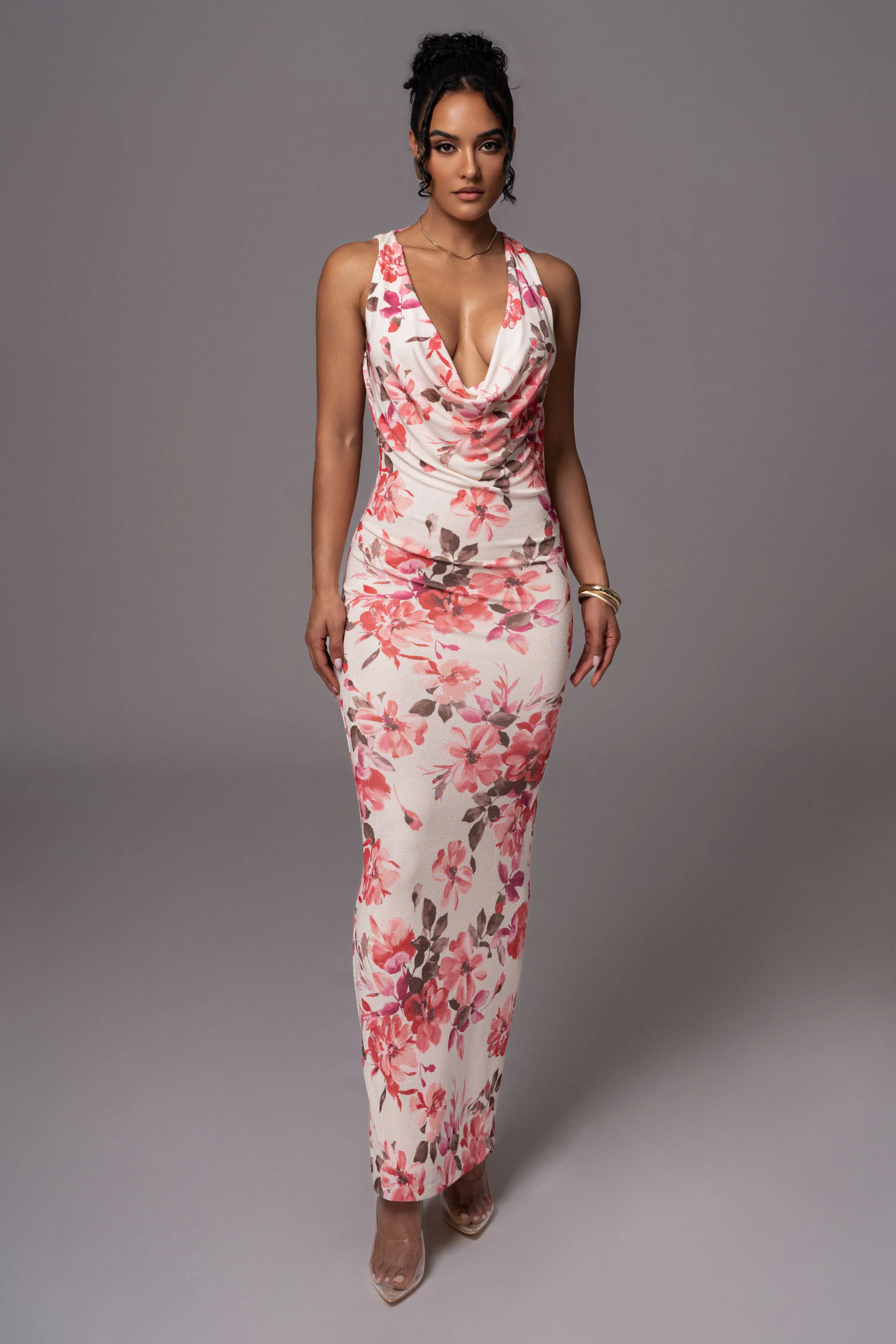 Ivory Floral Slinky Highlights Cowl Neck Maxi Dress sold by JLUXLABEL product image thumbnail 4