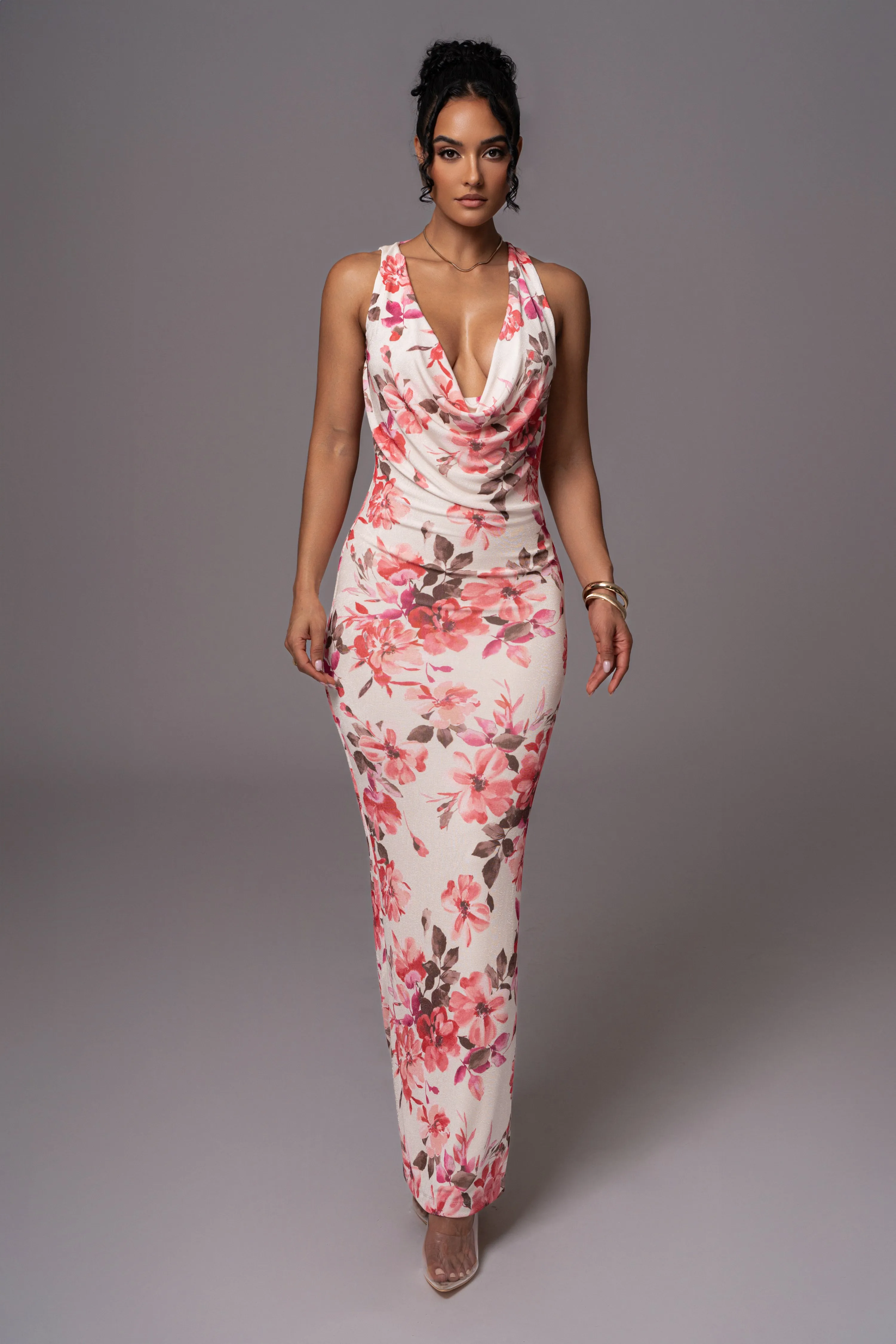 Ivory Floral Slinky Highlights Cowl Neck Maxi Dress sold by JLUXLABEL product image thumbnail 3
