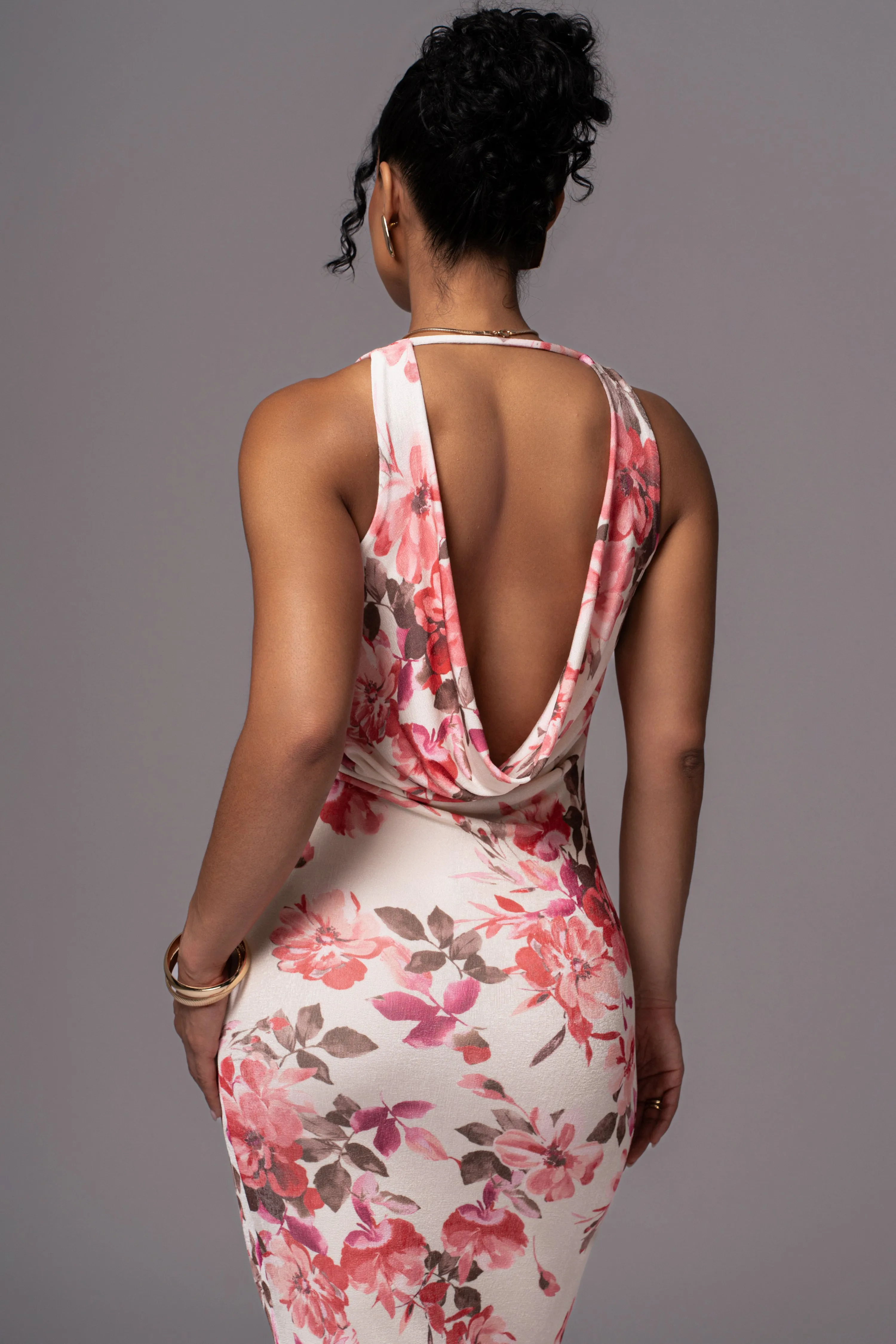 Ivory Floral Slinky Highlights Cowl Neck Maxi Dress sold by JLUXLABEL