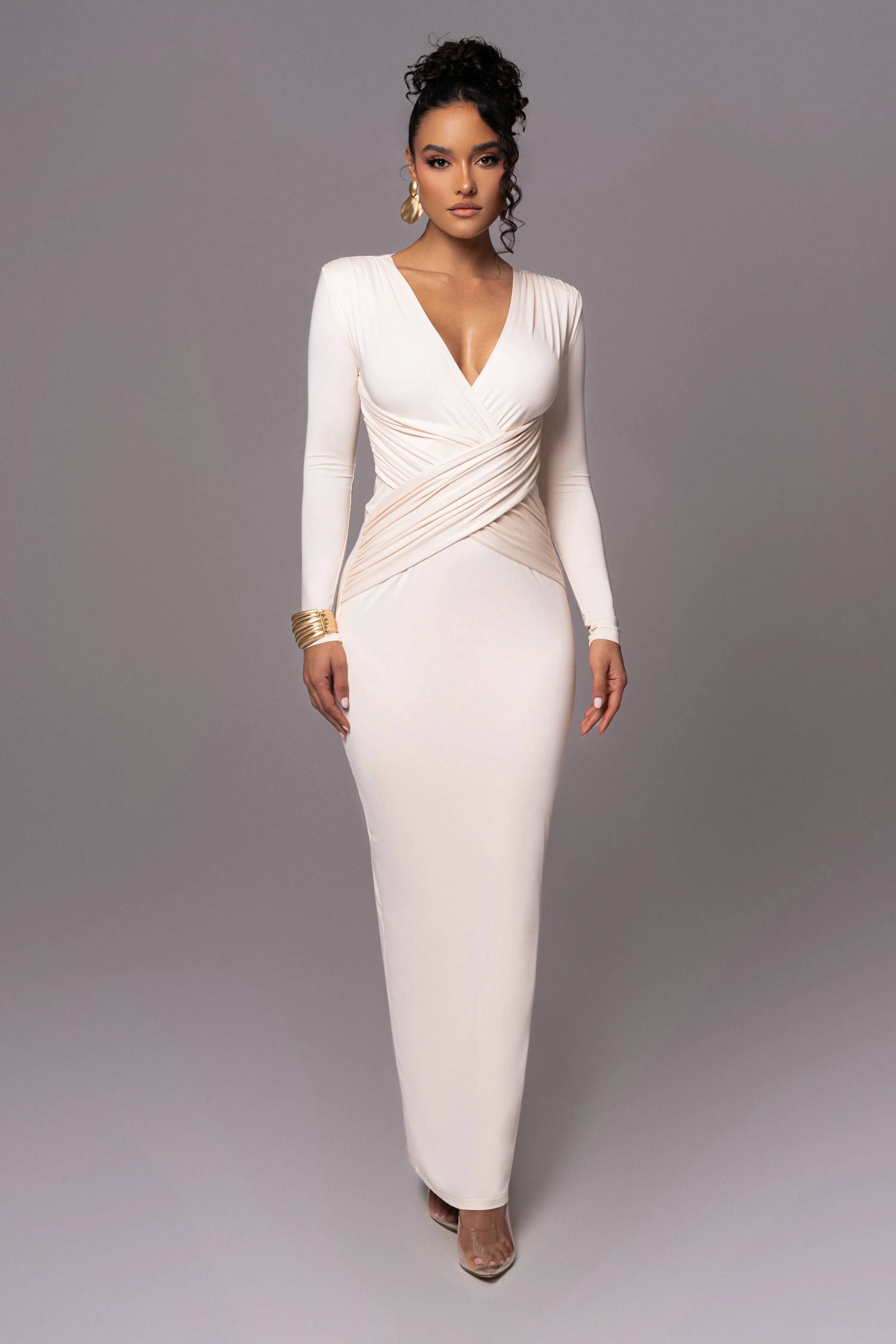 Cream Rowan Plunge Maxi Dress sold by JLUXLABEL