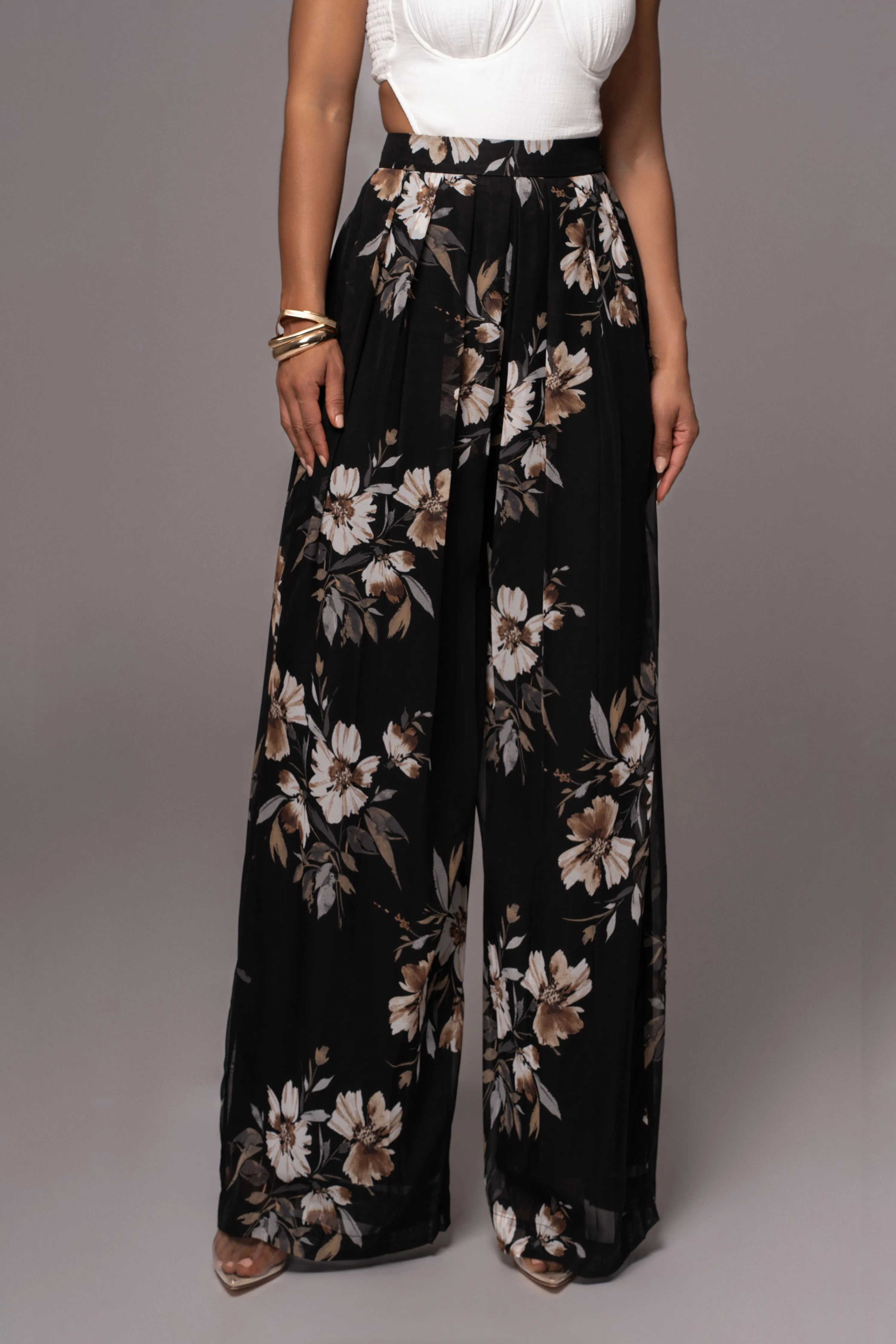 Grey Floral Josette Wide-Leg Pleated Pants sold by JLUXLABEL product image thumbnail 3