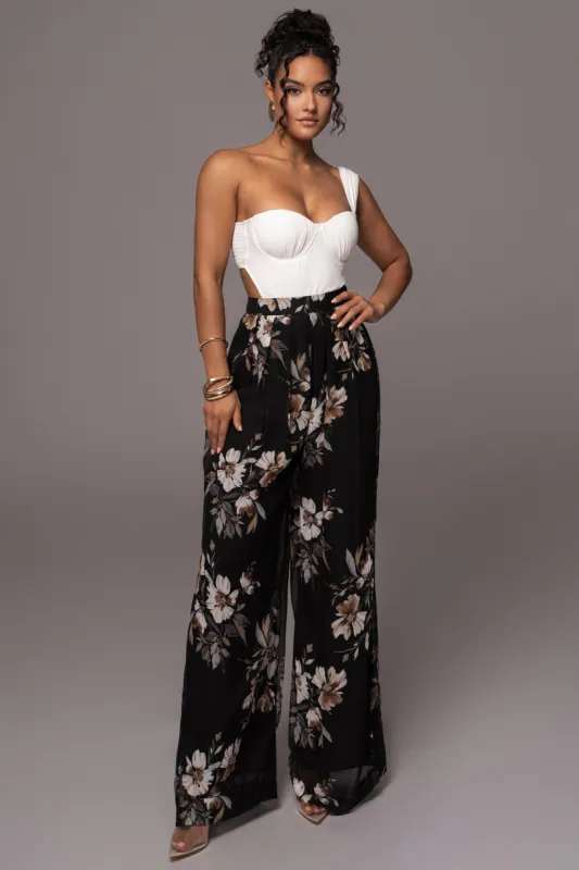 Grey Floral Josette Wide-Leg Pleated Pants sold by JLUXLABEL