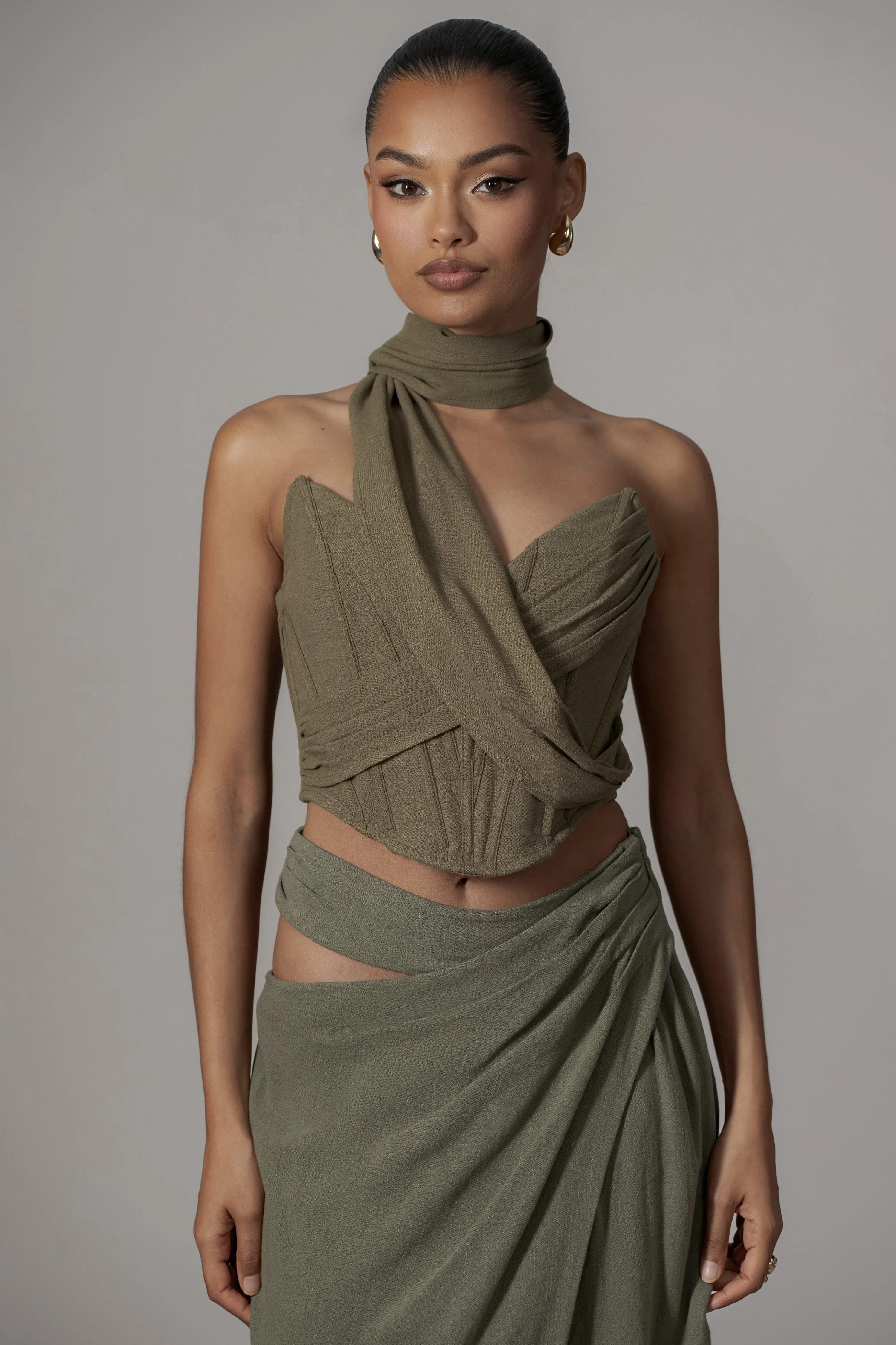 Olive Coastal Bliss Linen Bustier sold by JLUXLABEL