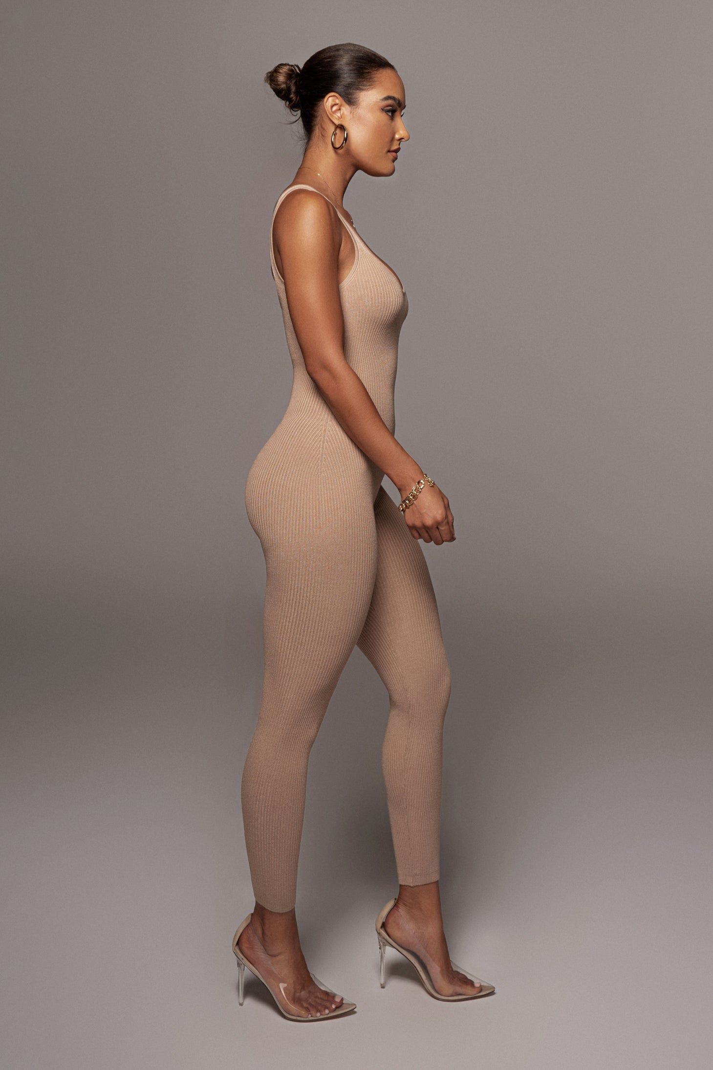 Beige Aria Solid Rib Jumpsuit sold by JLUXLABEL product image thumbnail 4