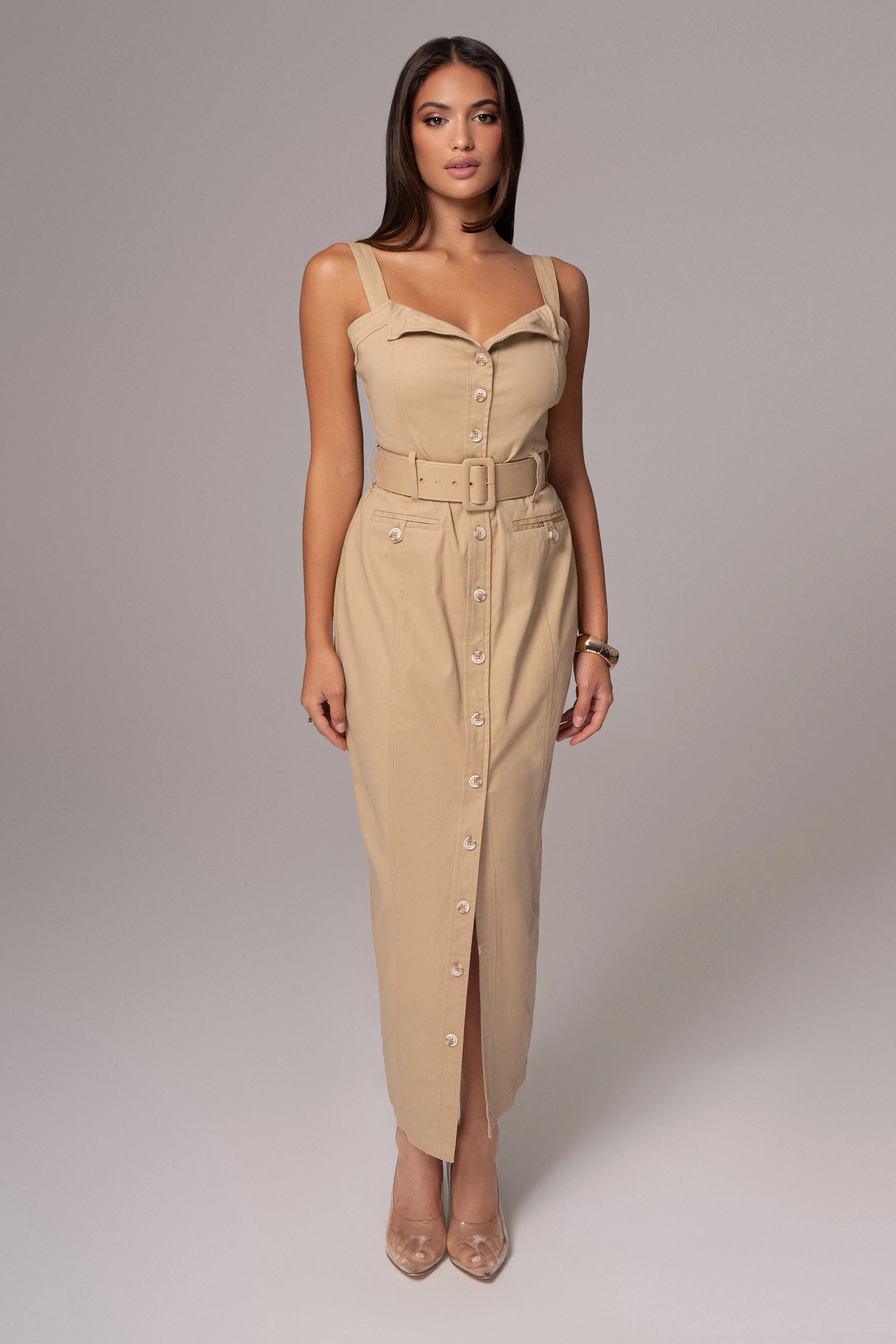 Khaki Forever Summer Belted Dress sold by JLUXLABEL
