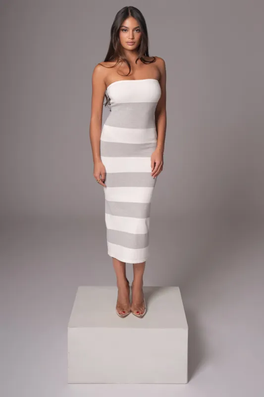 Ivory/Heather Grey Striped Strapless Midi Dress sold by JLUXLABEL