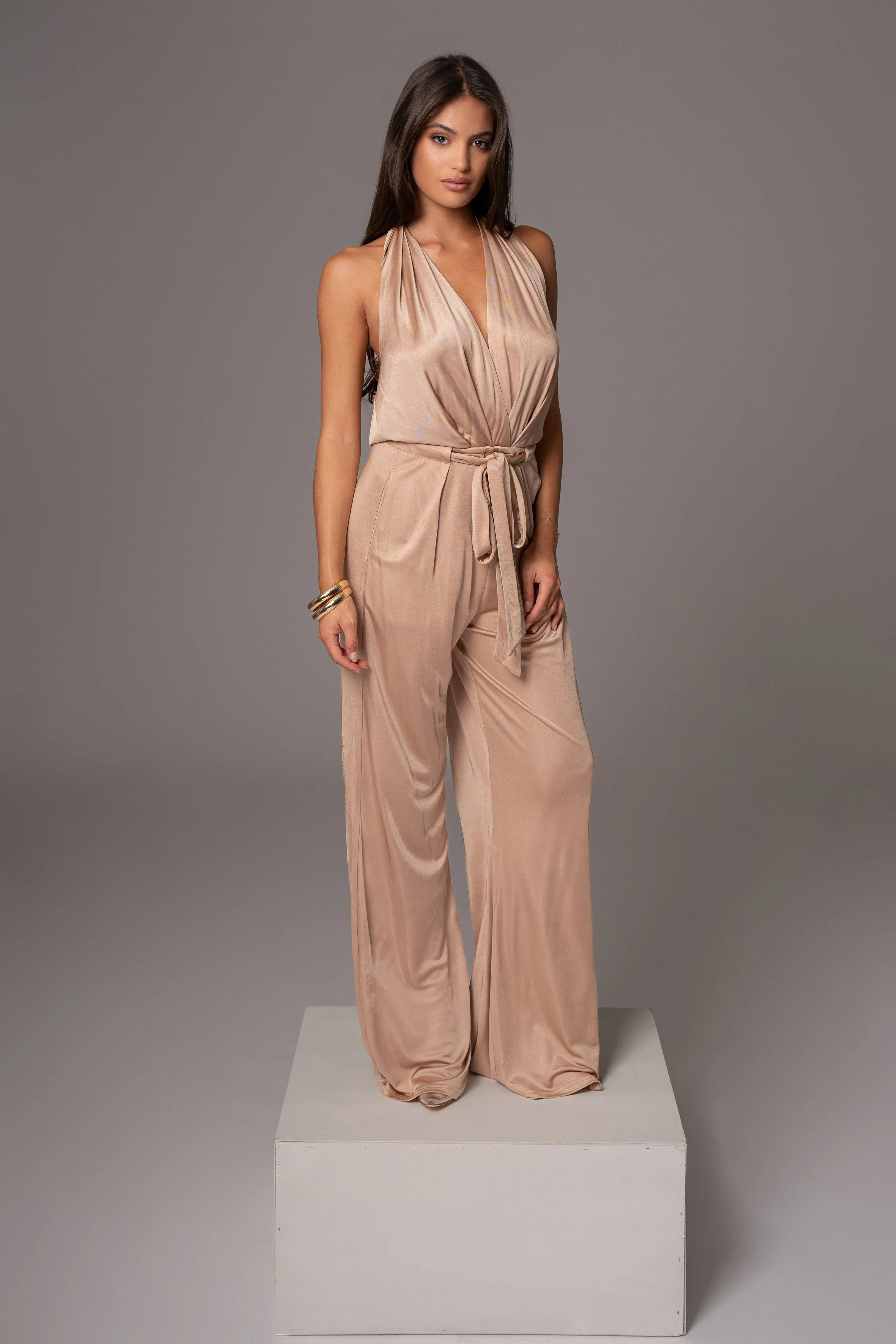 Beige Slinky Halter Belted Jumpsuit sold by JLUXLABEL product image thumbnail 5