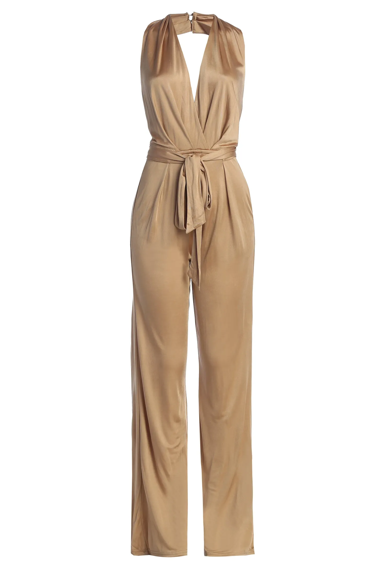 Beige Slinky Halter Belted Jumpsuit sold by JLUXLABEL product image thumbnail 2