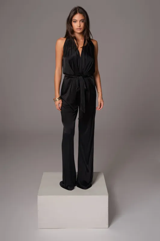 Black Slinky Halter Belted Jumpsuit sold by JLUXLABEL