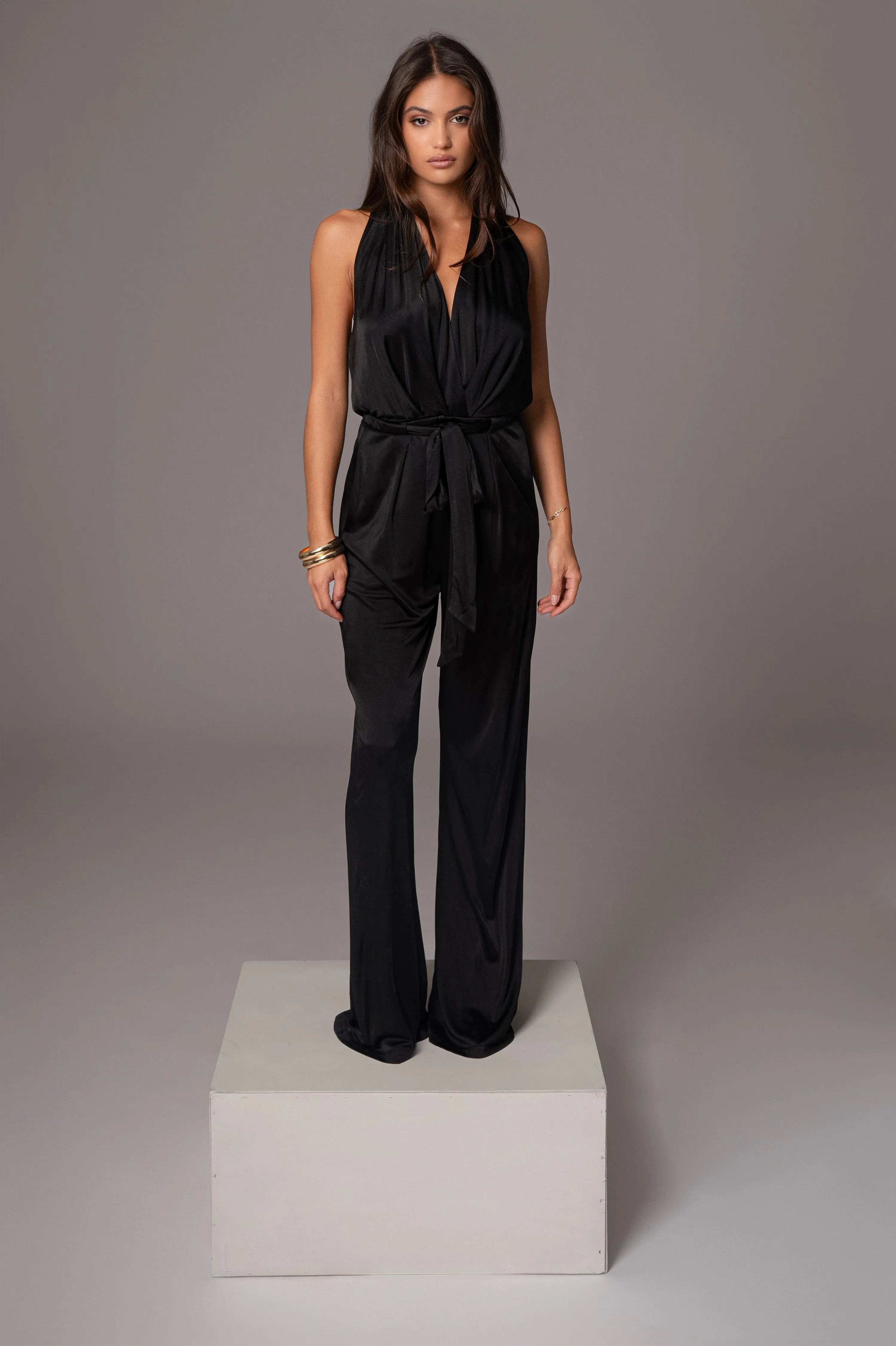 Black Slinky Halter Belted Jumpsuit sold by JLUXLABEL